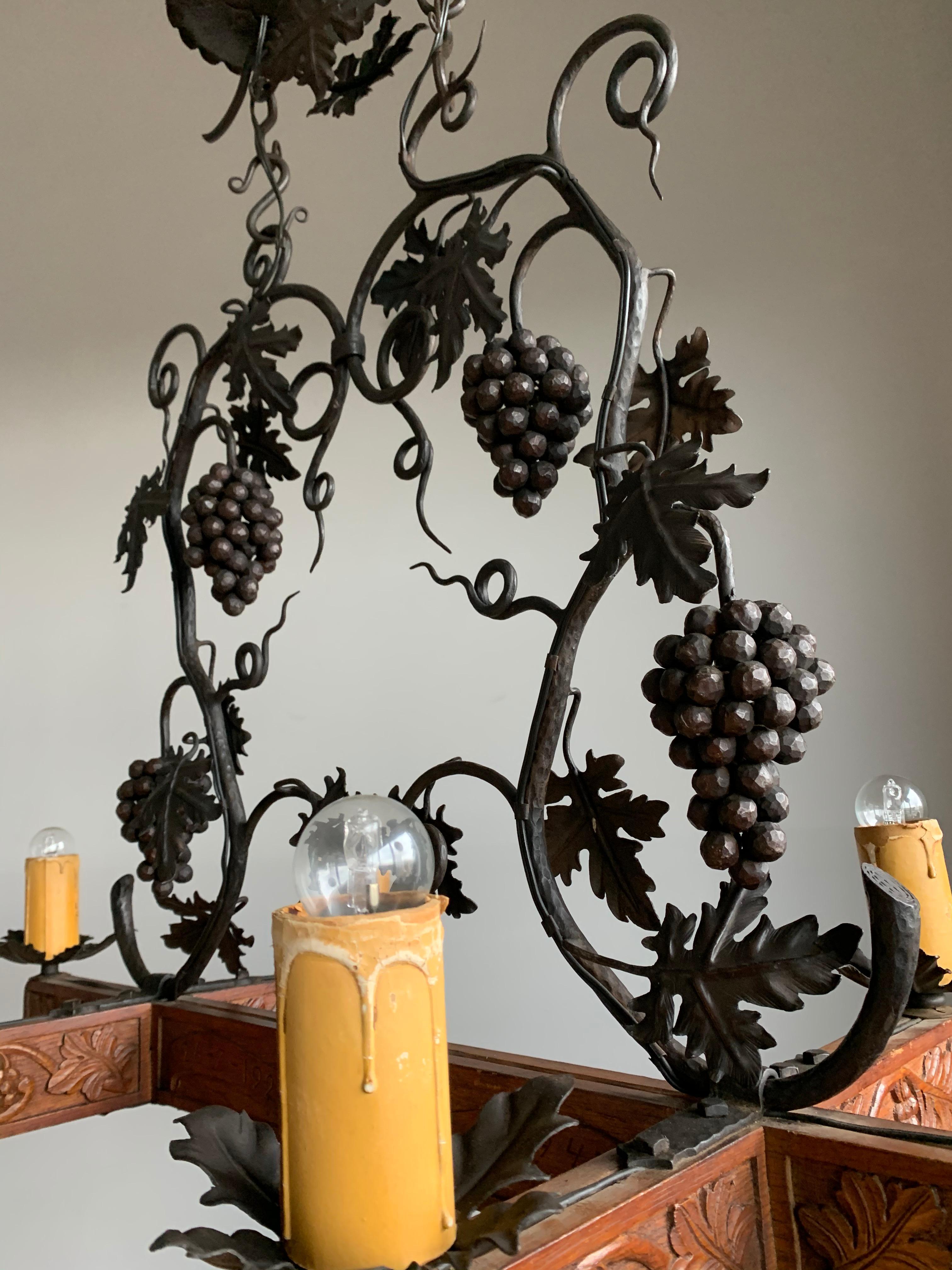Stunning Horizontal Chandelier with Wrought Iron Grapes and Hand Carved Branches For Sale 5