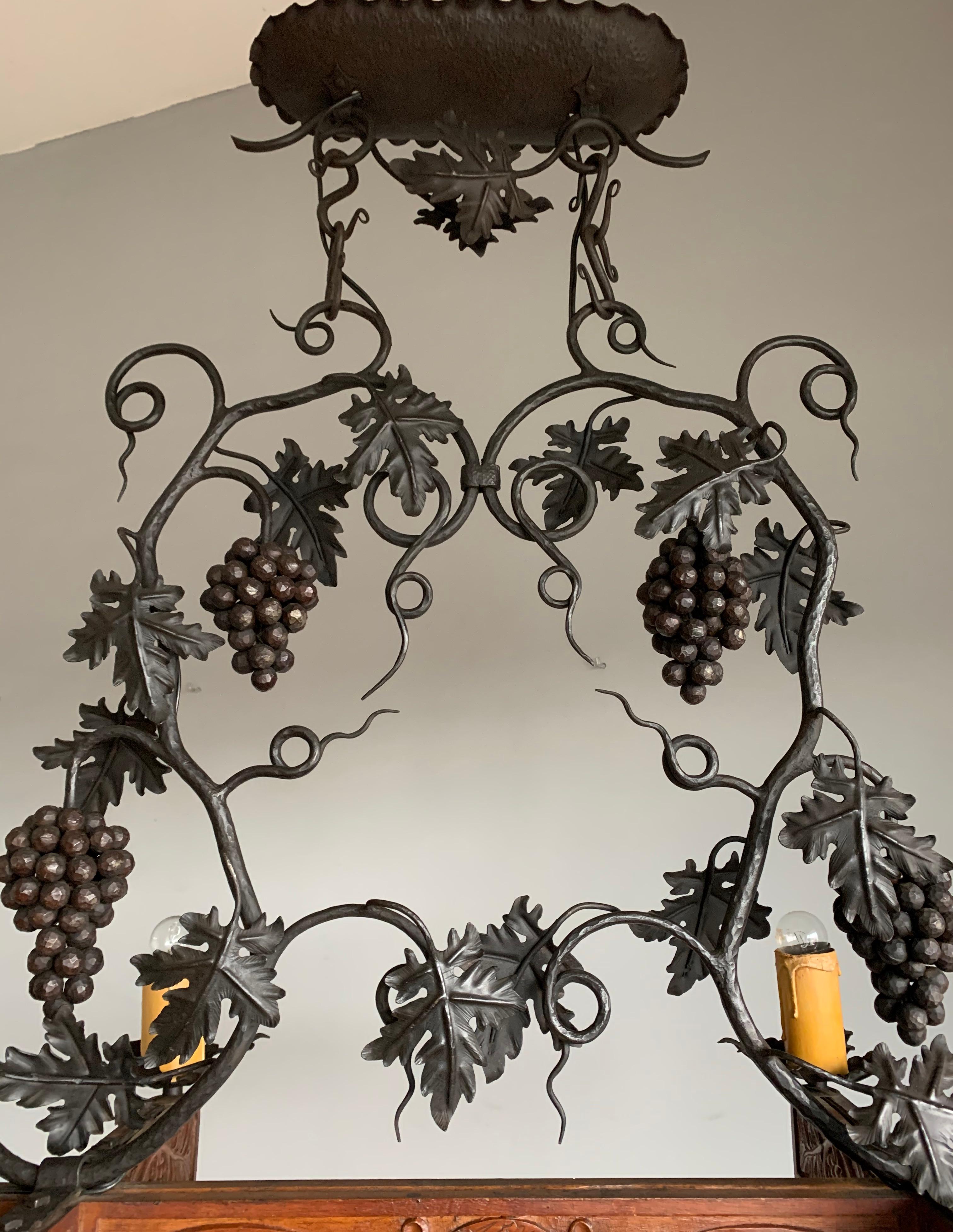 Stunning Horizontal Chandelier with Wrought Iron Grapes and Hand Carved Branches For Sale 6