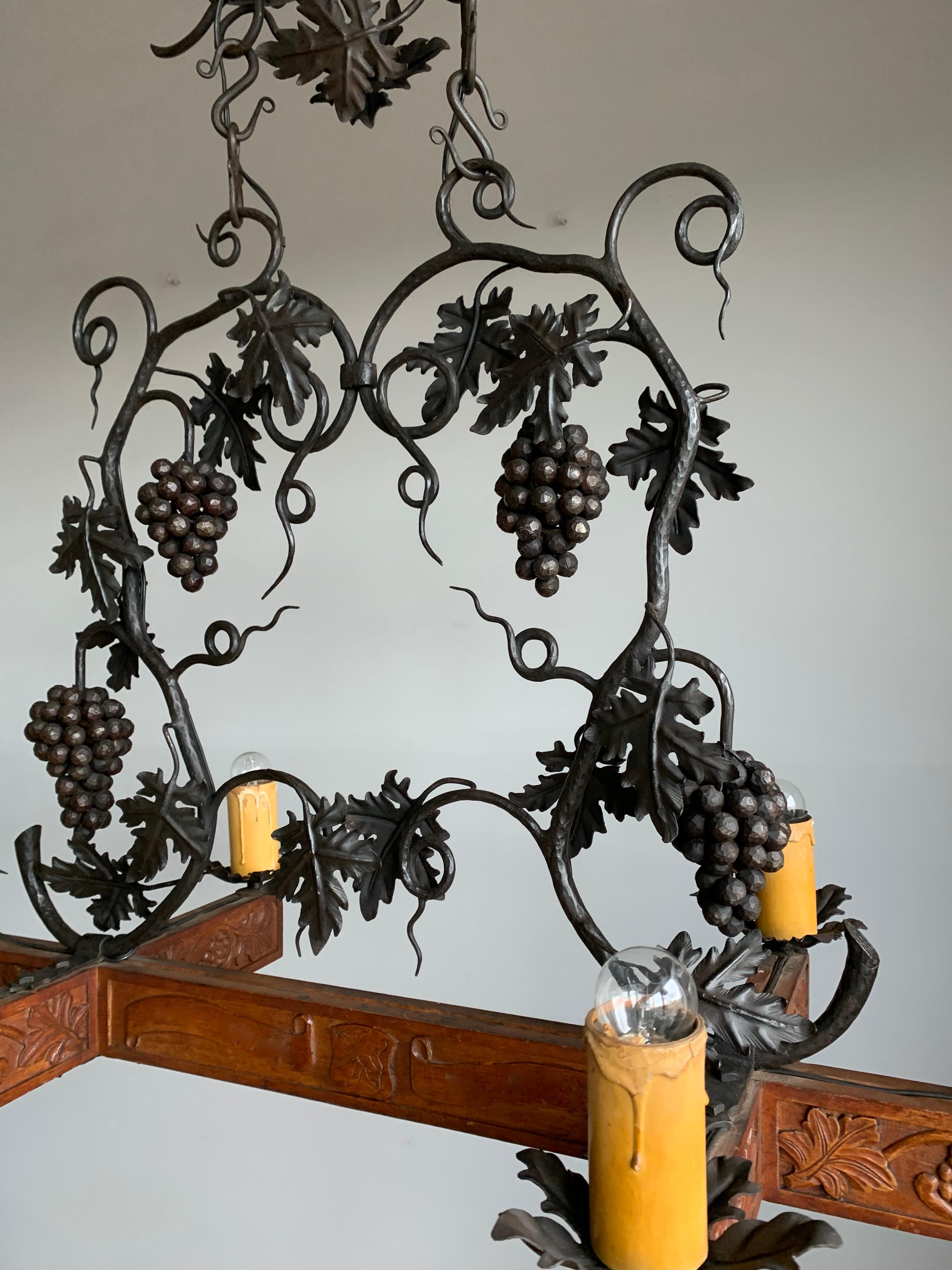 Stunning Horizontal Chandelier with Wrought Iron Grapes and Hand Carved Branches For Sale 7