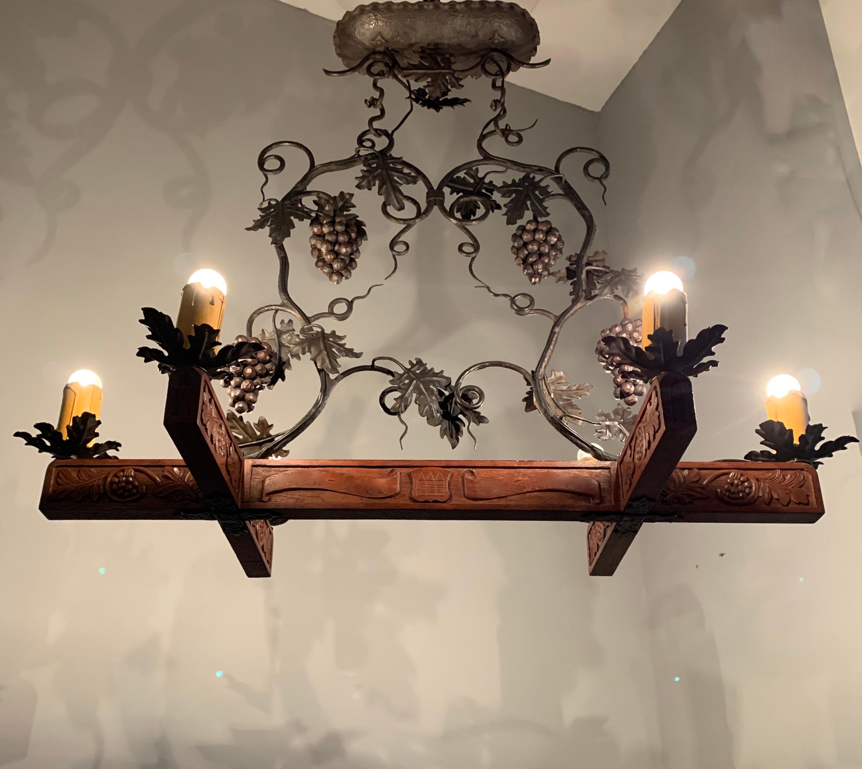 Stunning Horizontal Chandelier with Wrought Iron Grapes and Hand Carved Branches For Sale 8