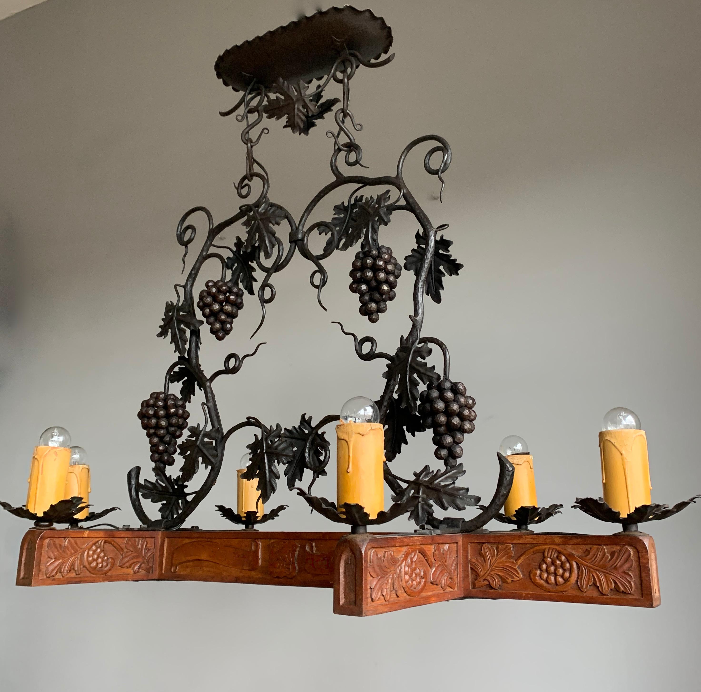 Stunning Horizontal Chandelier with Wrought Iron Grapes and Hand Carved Branches For Sale 9
