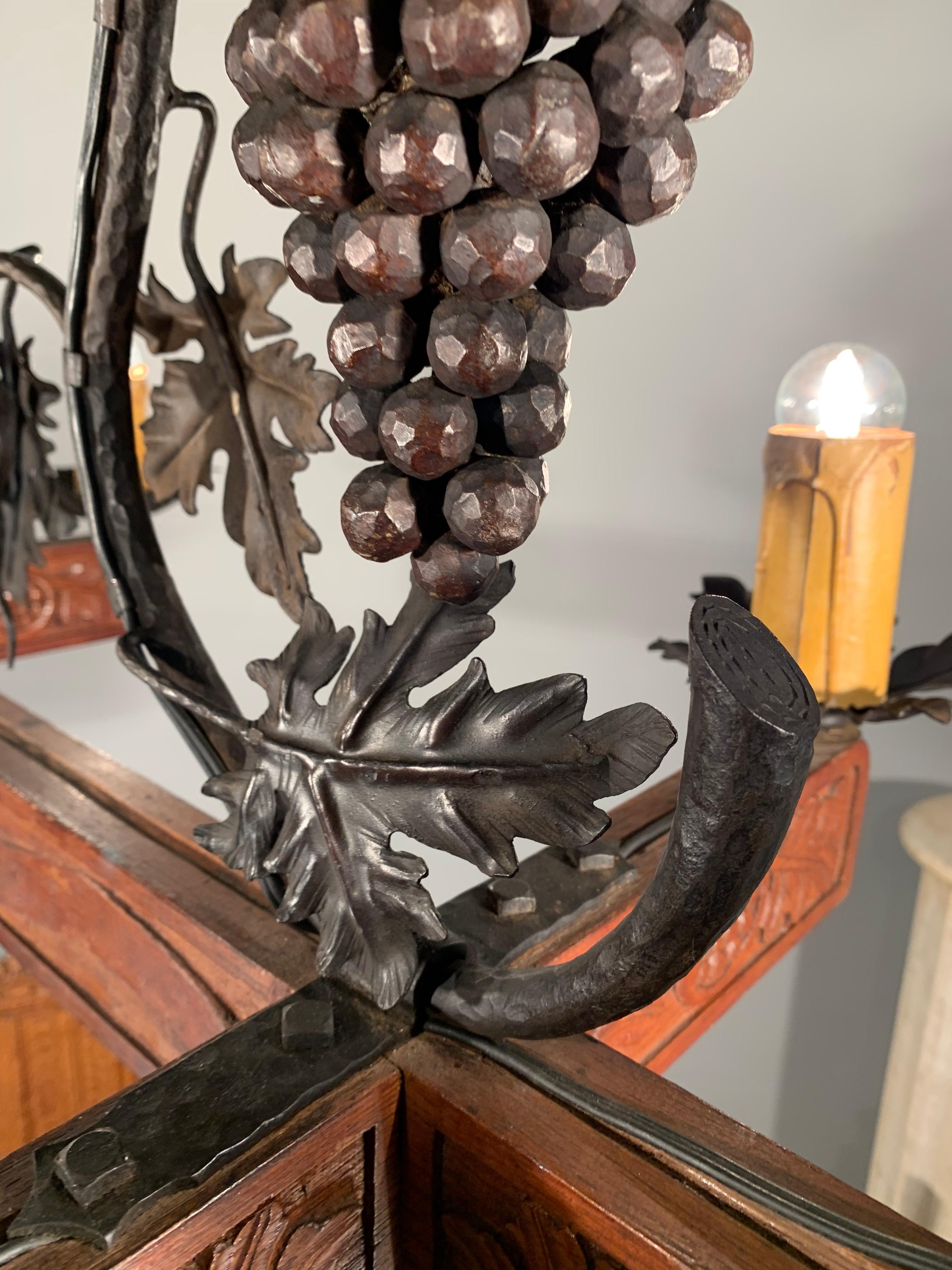 Stunning Horizontal Chandelier with Wrought Iron Grapes and Hand Carved Branches For Sale 10
