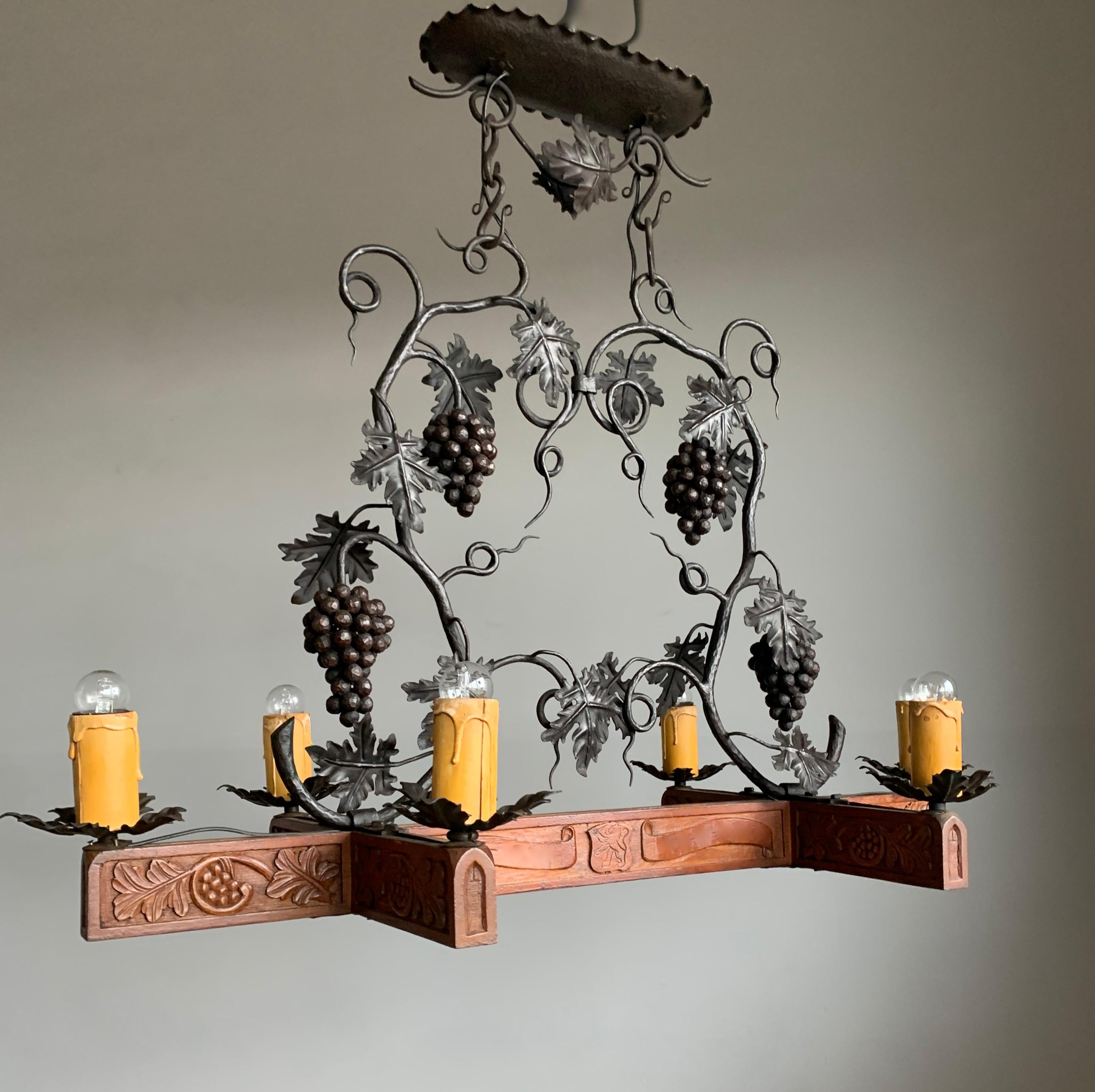 Stunning Horizontal Chandelier with Wrought Iron Grapes and Hand Carved Branches For Sale 11