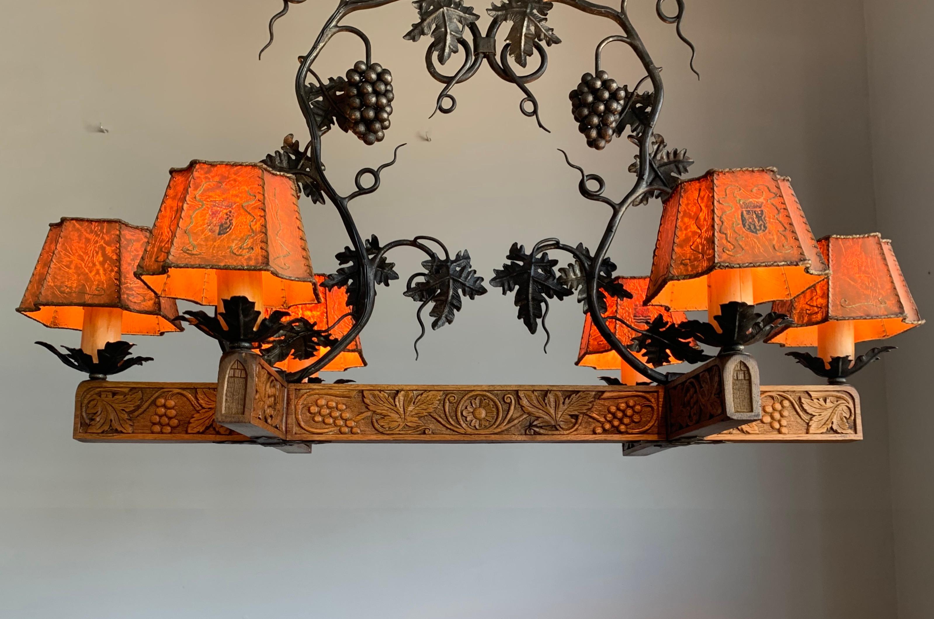 Arts and Crafts Stunning Horizontal Chandelier with Wrought Iron Grapes and Hand Carved Branches