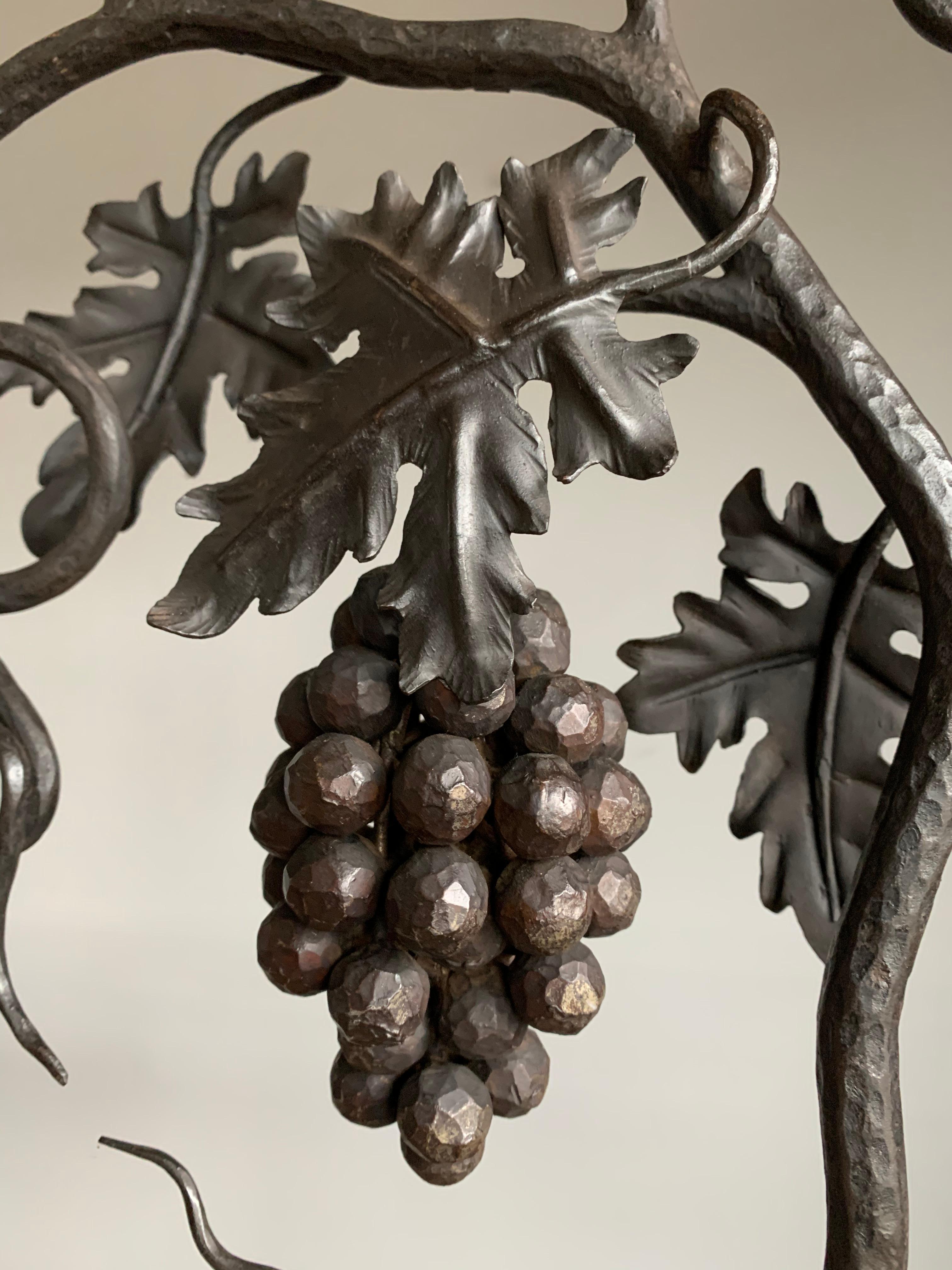 Arts and Crafts Stunning Horizontal Chandelier with Wrought Iron Grapes and Hand Carved Branches For Sale