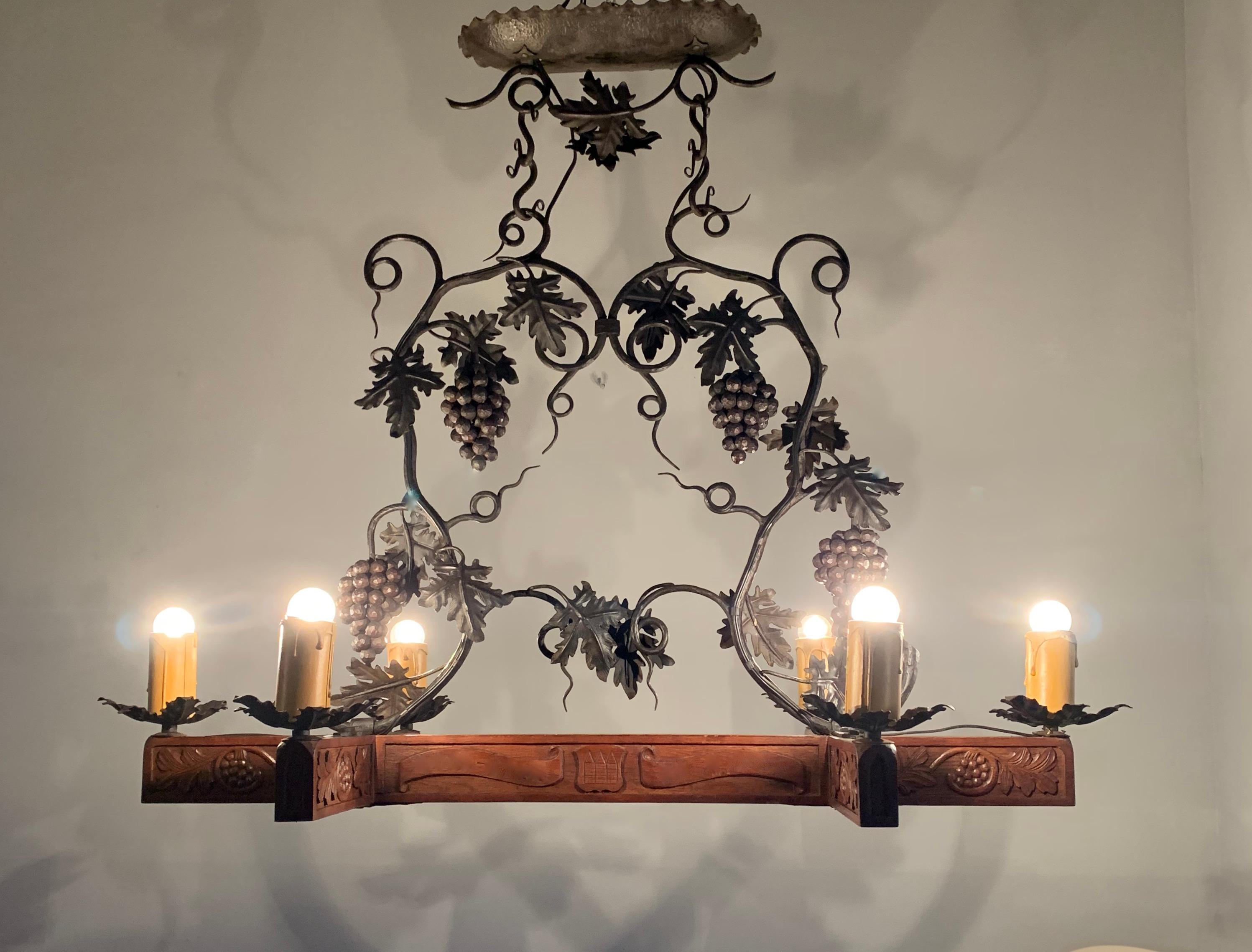 French Stunning Horizontal Chandelier with Wrought Iron Grapes and Hand Carved Branches For Sale