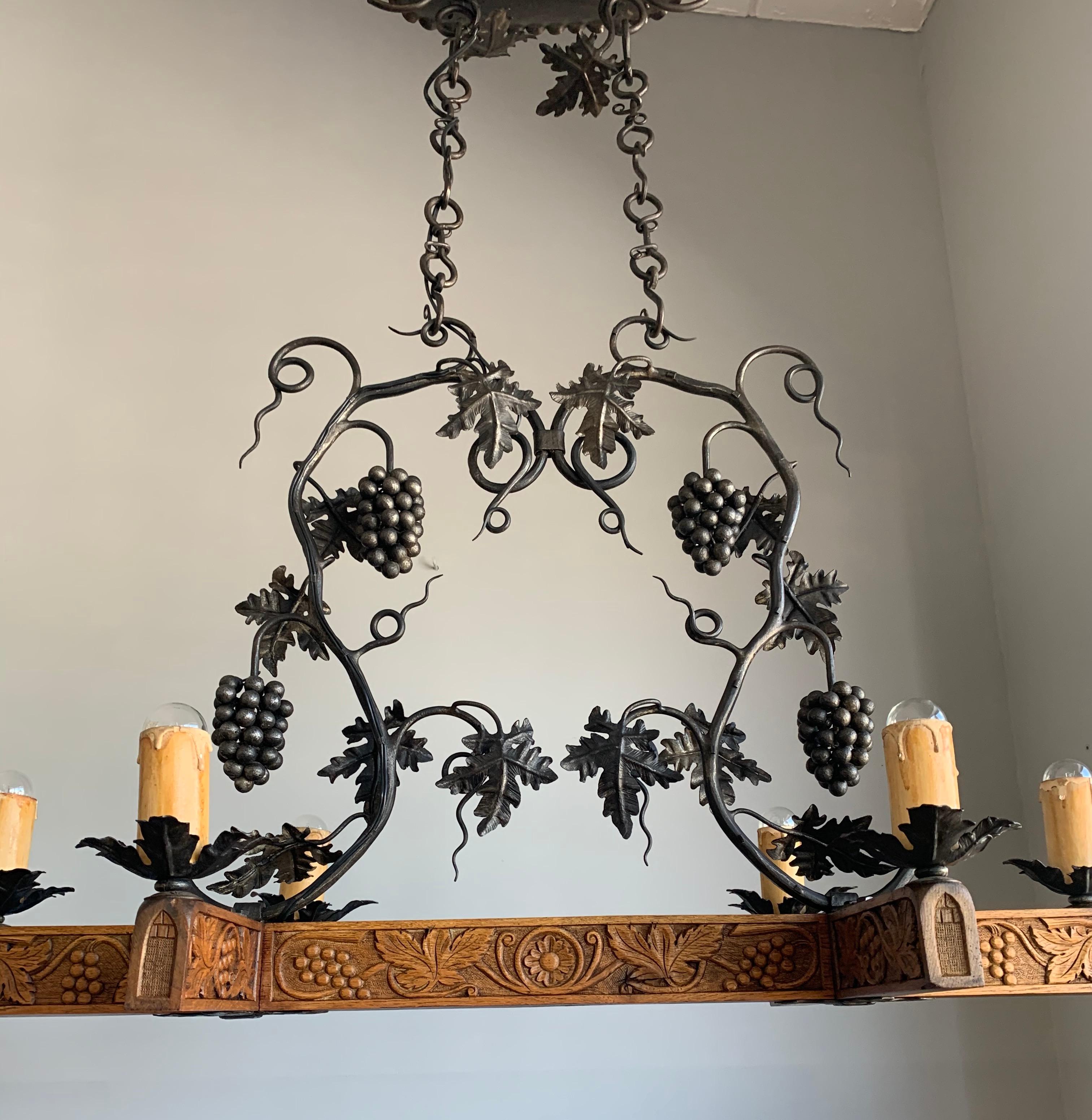 Hand-Crafted Stunning Horizontal Chandelier with Wrought Iron Grapes and Hand Carved Branches