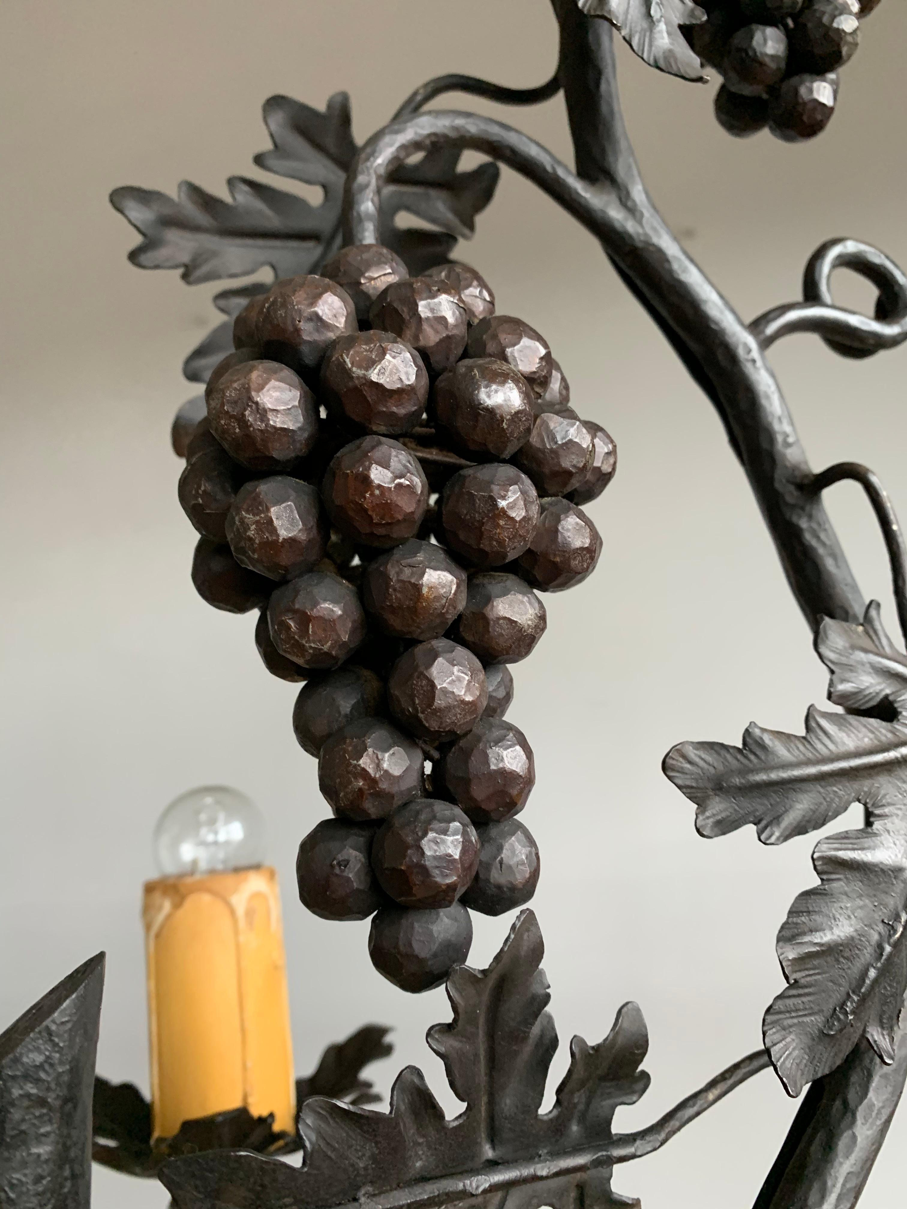 20th Century Stunning Horizontal Chandelier with Wrought Iron Grapes and Hand Carved Branches For Sale