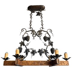 Antique Stunning Horizontal Chandelier with Wrought Iron Grapes and Hand Carved Branches