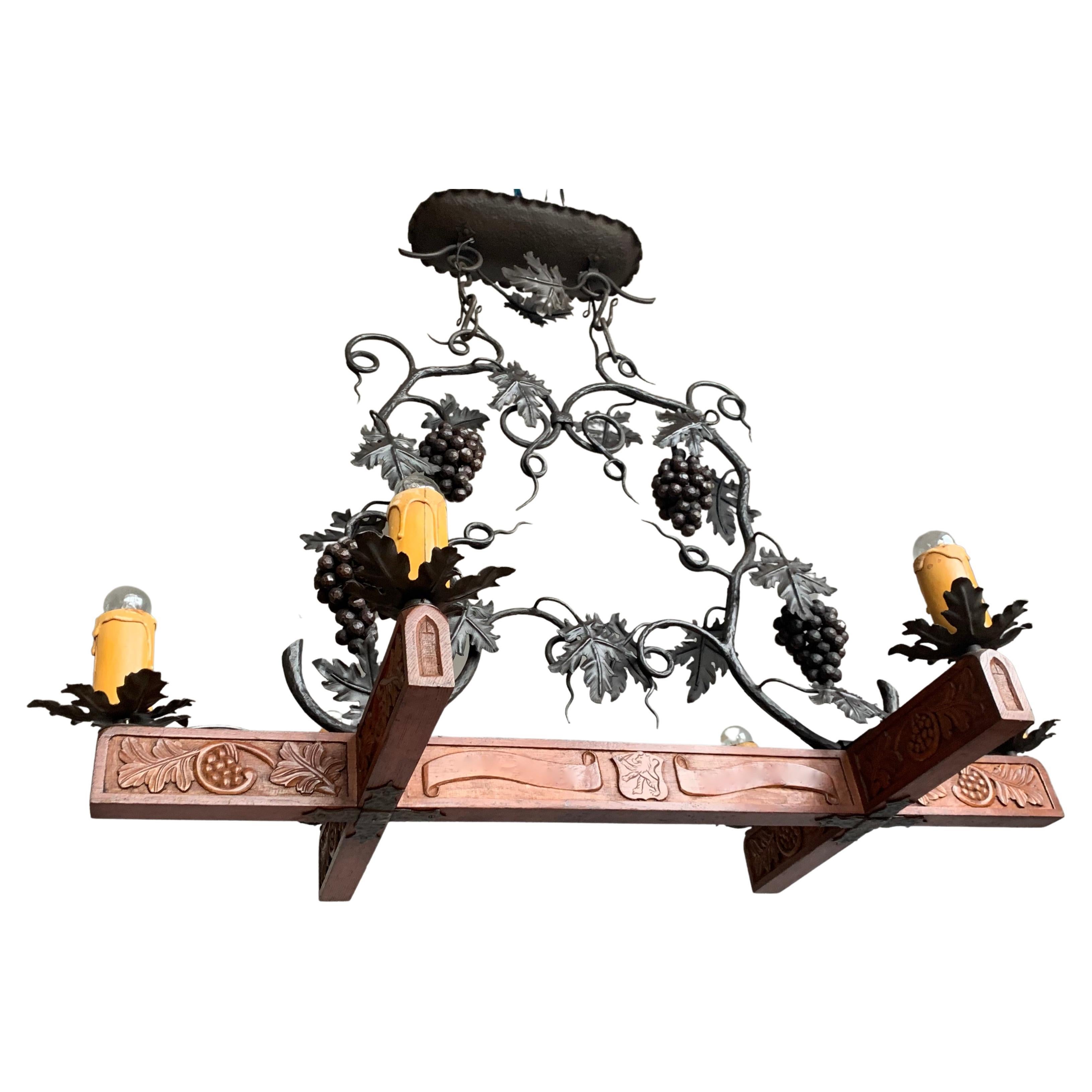Stunning Horizontal Chandelier with Wrought Iron Grapes and Hand Carved Branches