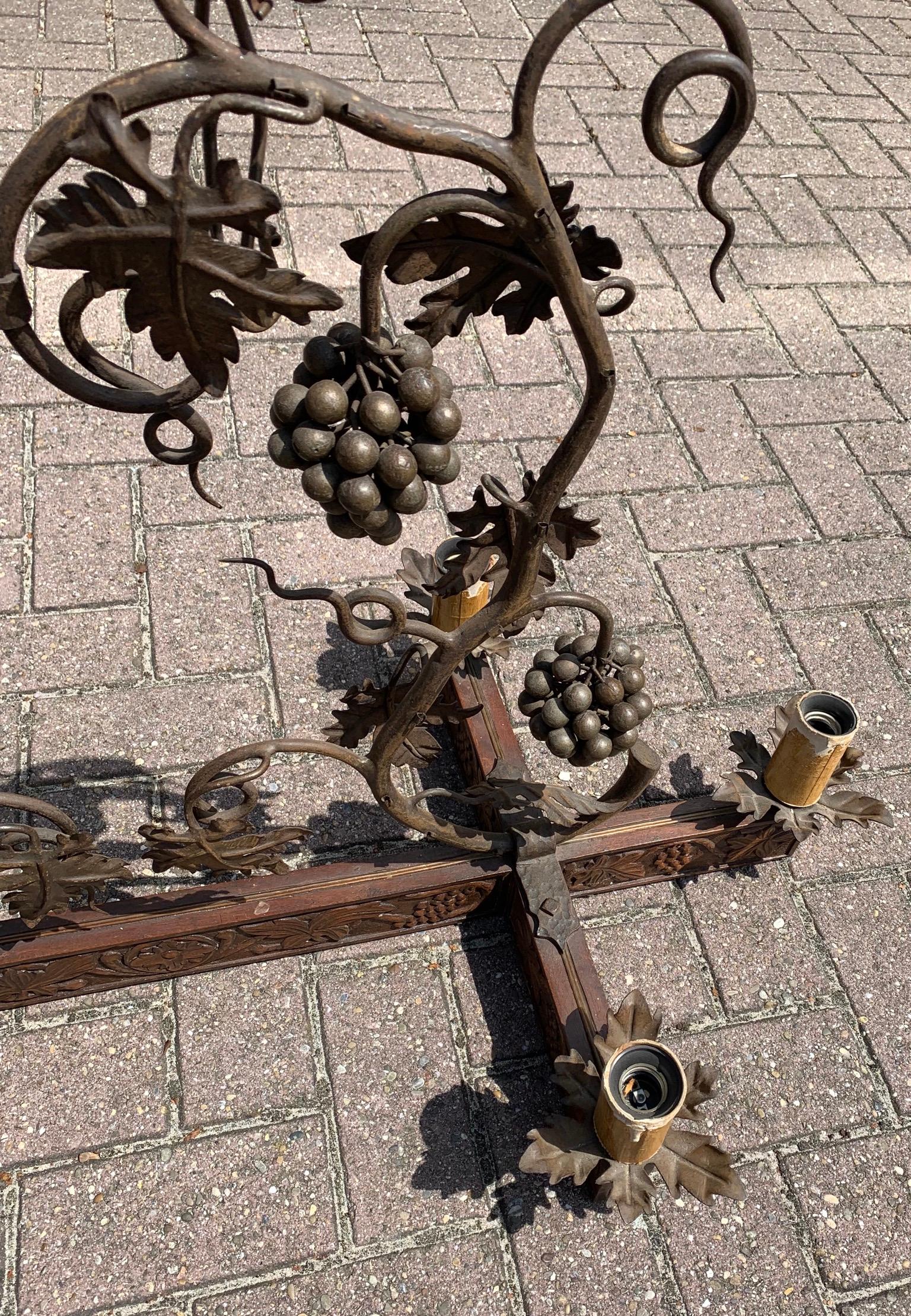 Stunning Horizontal Chandelier with Wrought Iron Grapes and Hand Carved Branches 4