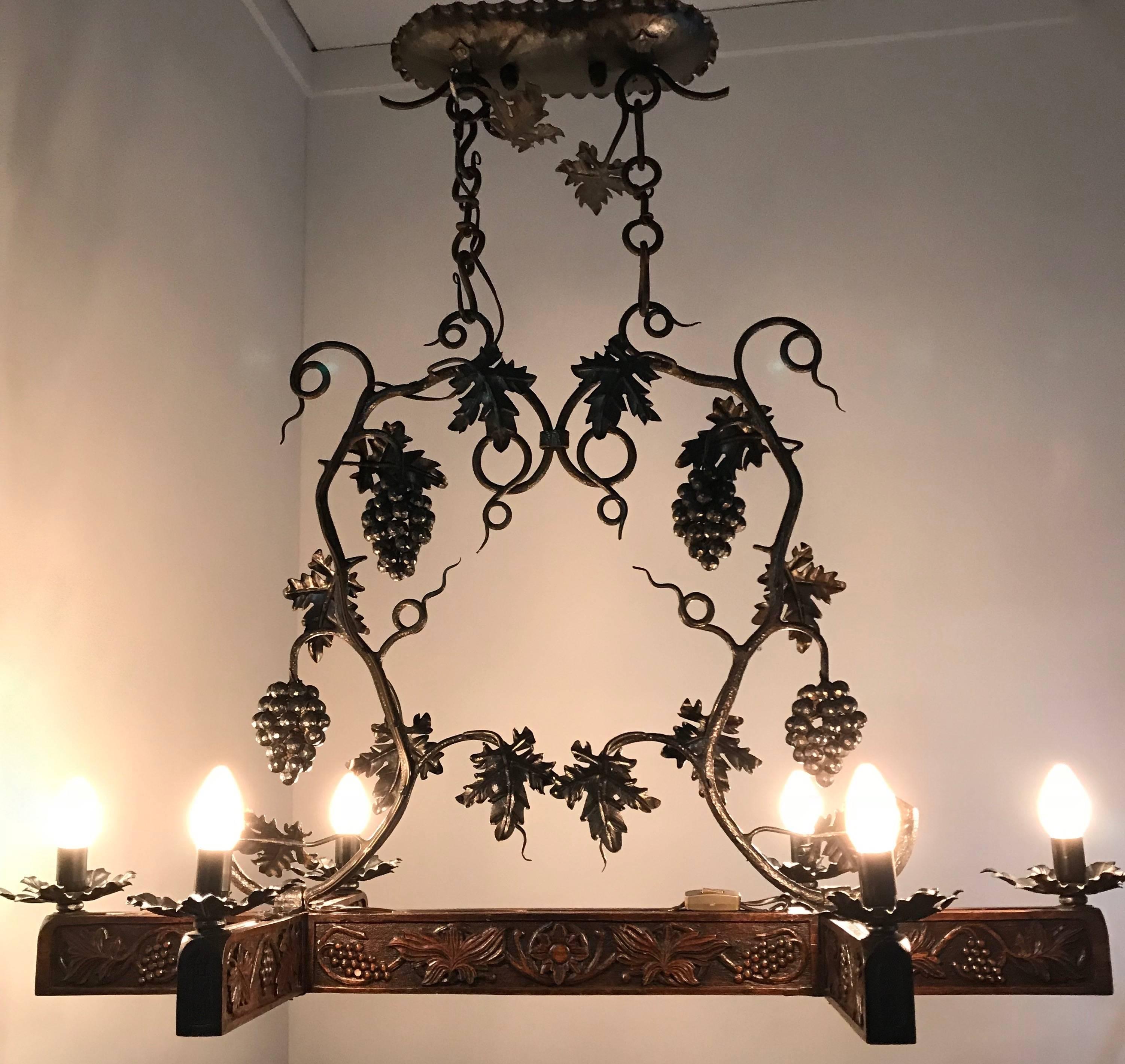 Arts and Crafts Stunning Horizontal Chandelier with Wrought Iron Grapes and Hand Carved Branches