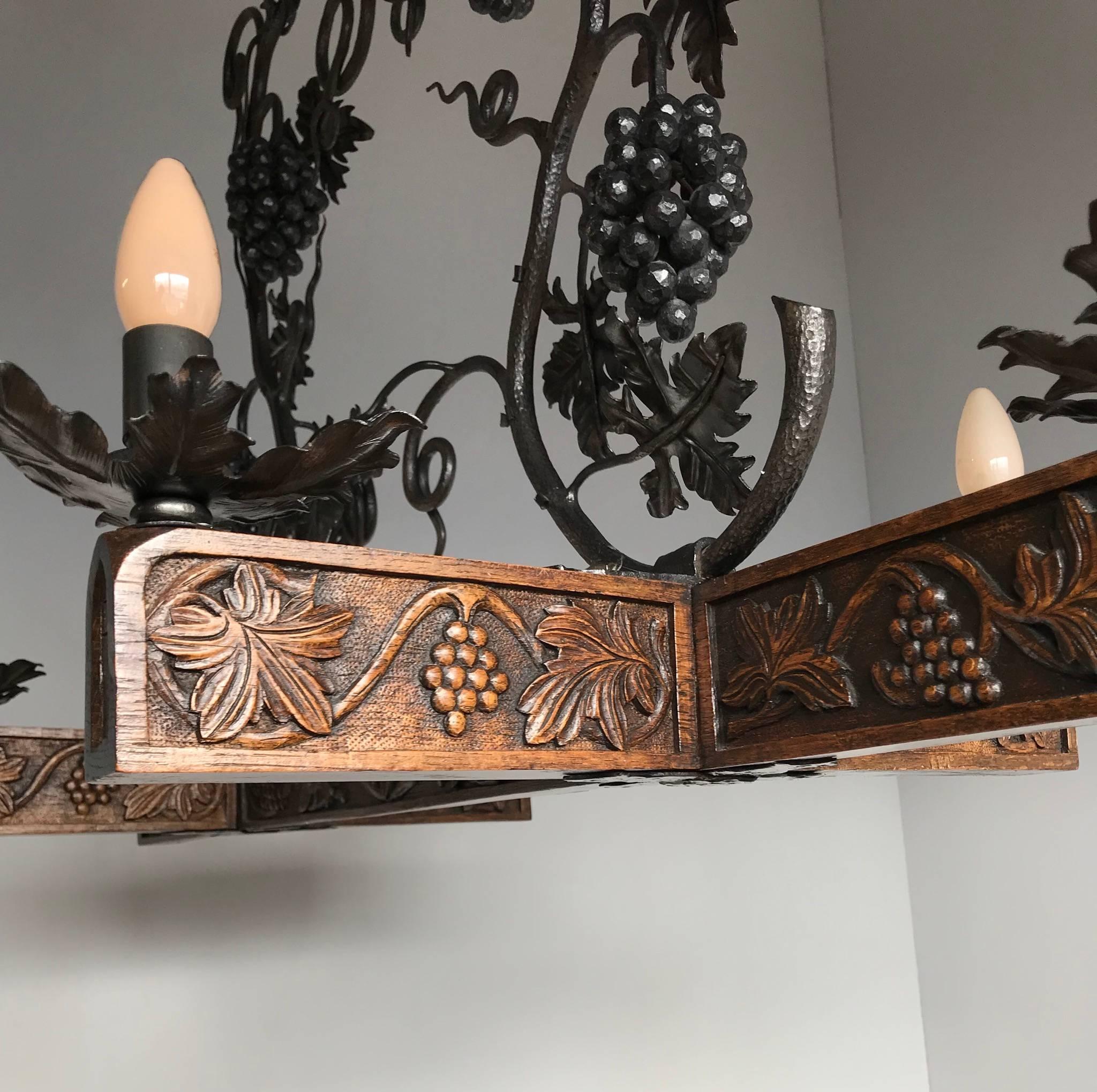 Hand-Crafted Stunning Horizontal Chandelier with Wrought Iron Grapes and Hand Carved Branches