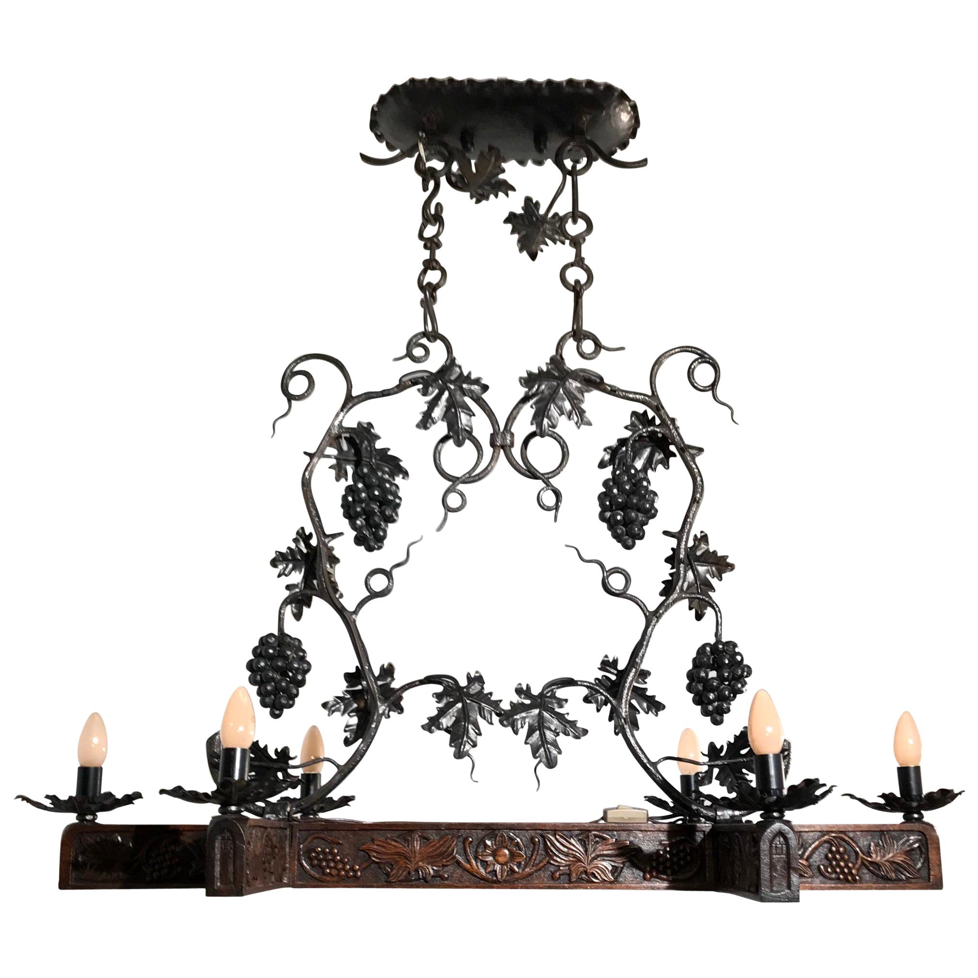 Stunning Horizontal Chandelier with Wrought Iron Grapes and Hand Carved Branches