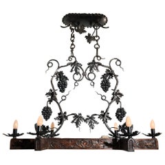 Stunning Horizontal Chandelier with Wrought Iron Grapes and Hand Carved Branches