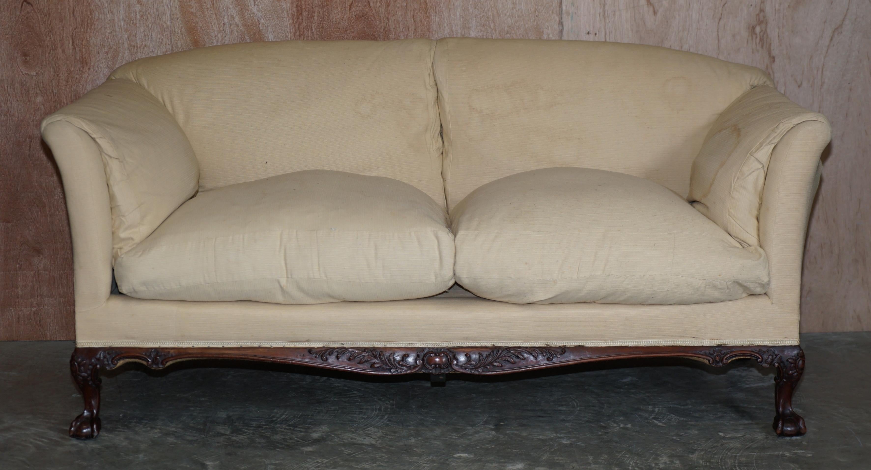 High Victorian Stunning Howard & Sons Victorian Walnut Framed Claw & Ball Legs Hand Carved Sofa