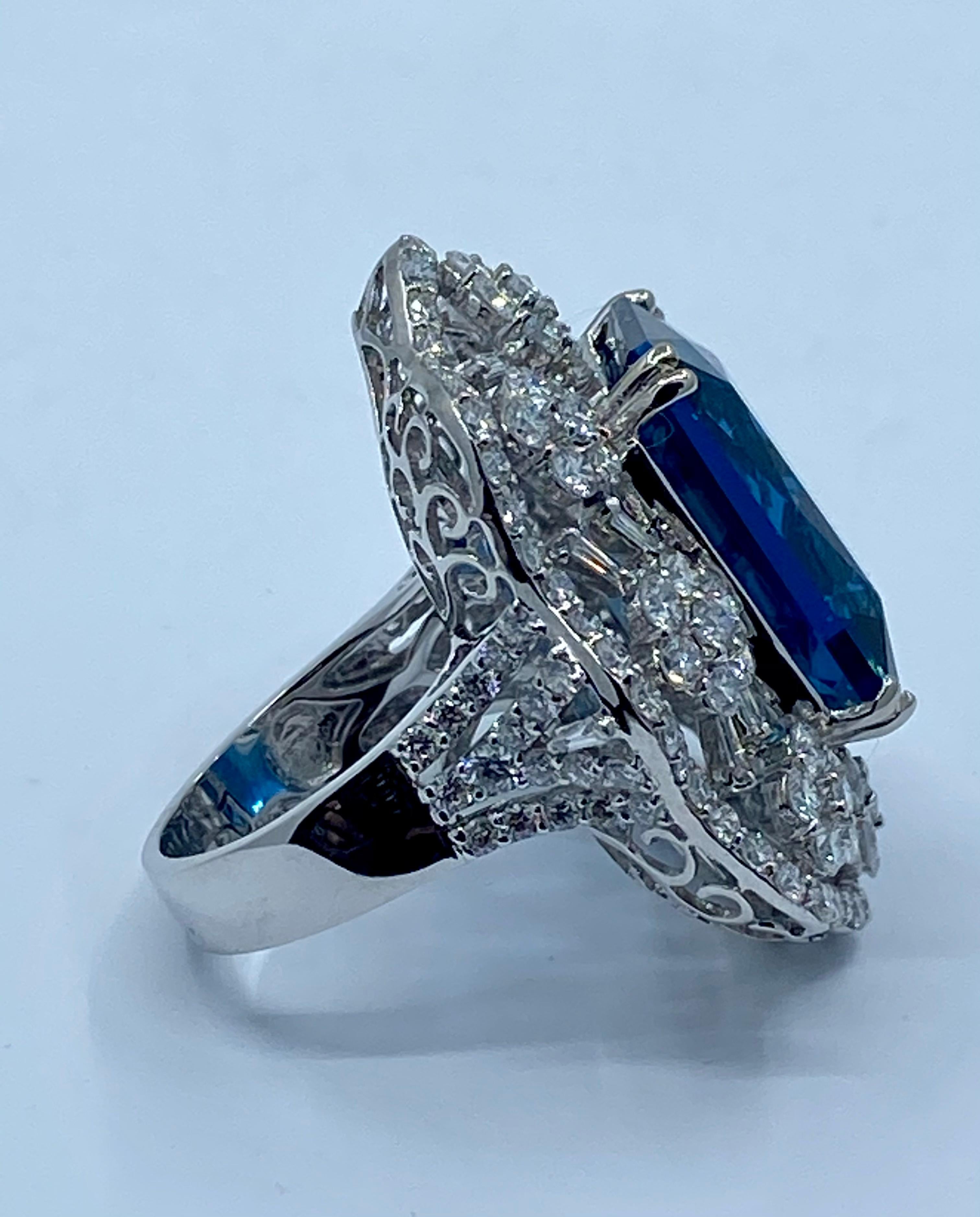 Women's Stunning Huge 23.71 Carat London Blue Topaz and Diamond 18 Karat Cocktail Ring