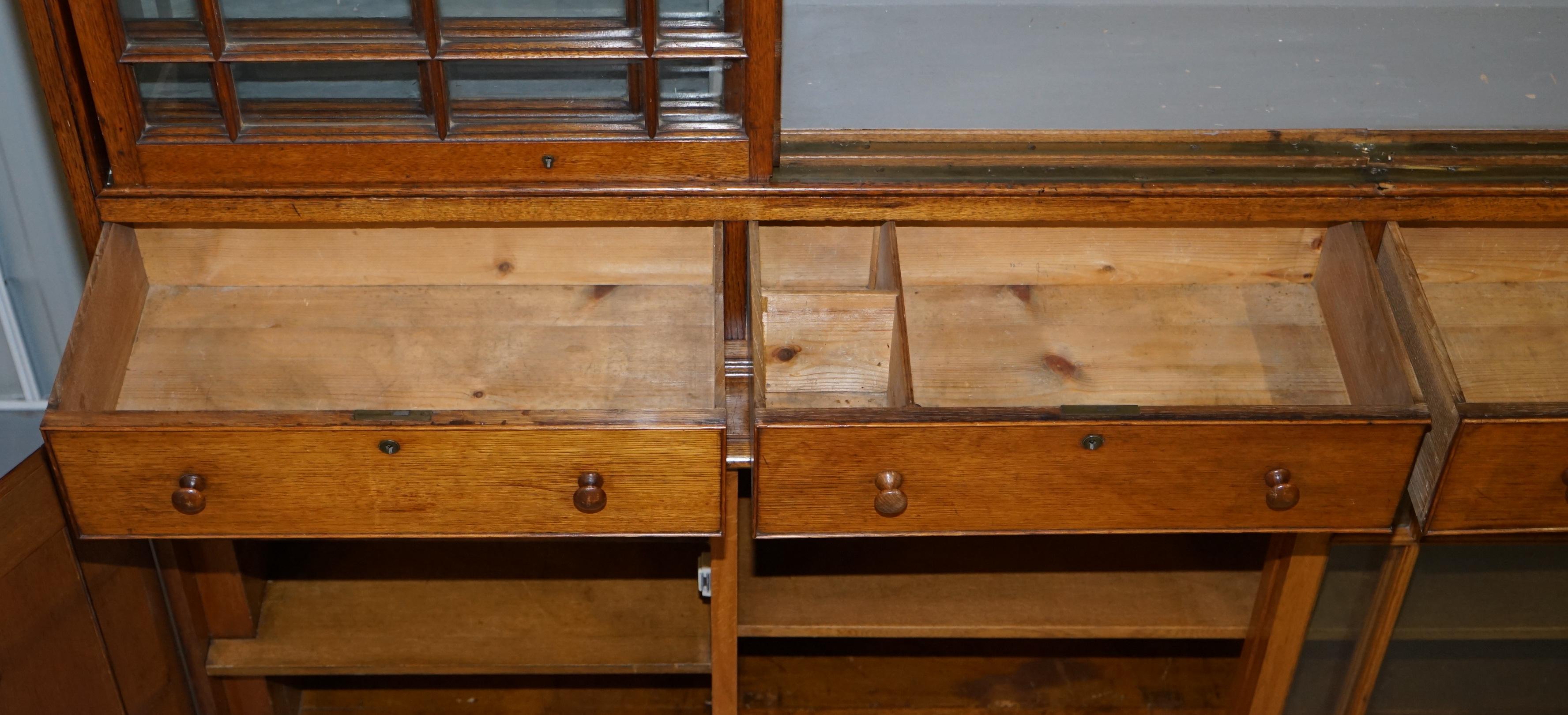 Stunning Huge Tall, Victorian Oak Library Bookcase Sliding Glass Doors 5