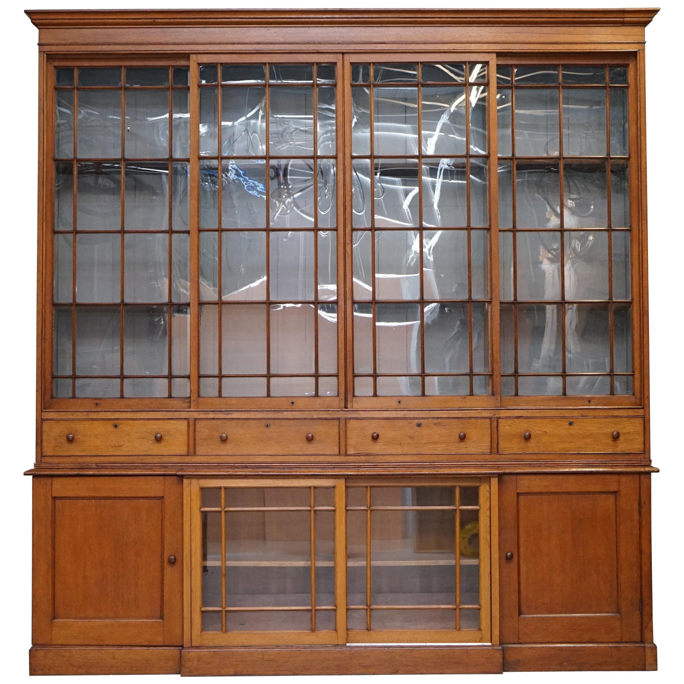 Stunning Huge Tall, Victorian Oak Library Bookcase Sliding Glass Doors