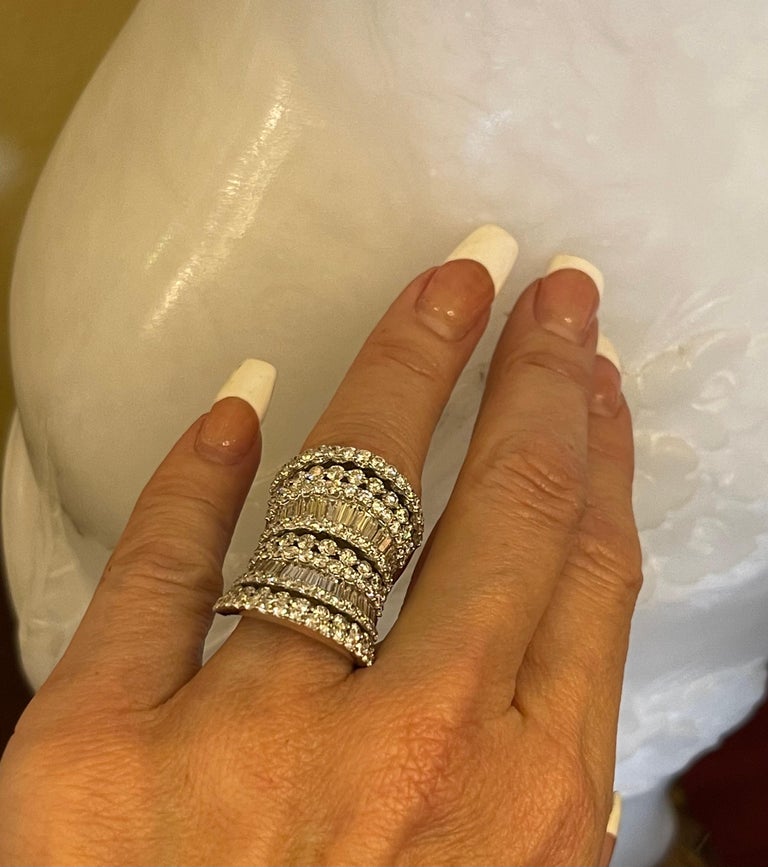 Baguette Cut Stunning Huge 9 Carat Diamond Seven Layer 18 Karat White Gold Cocktail Band Ring