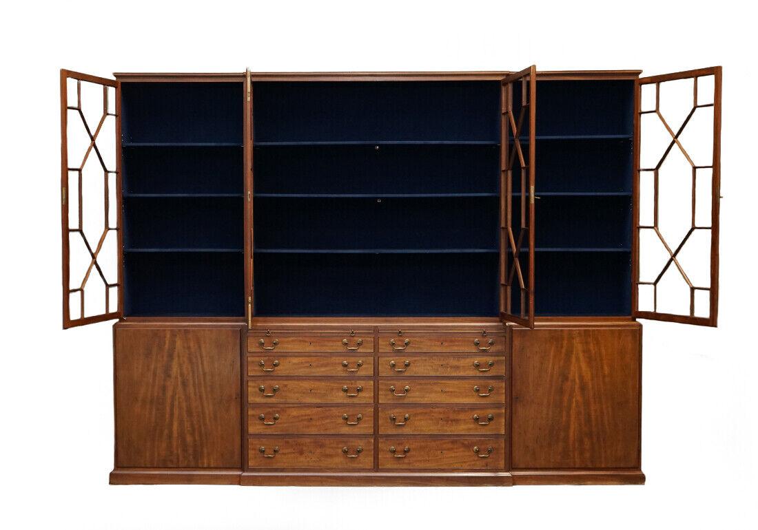 British Stunning Huge Flamed Mahogany Astral Glazed Library Breakfront Bookcase