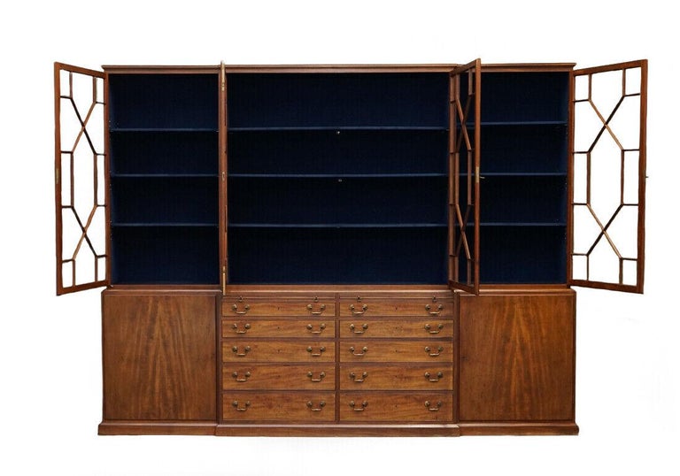 British Stunning Huge Flamed Mahogany Astral Glazed Library Breakfront Bookcase For Sale