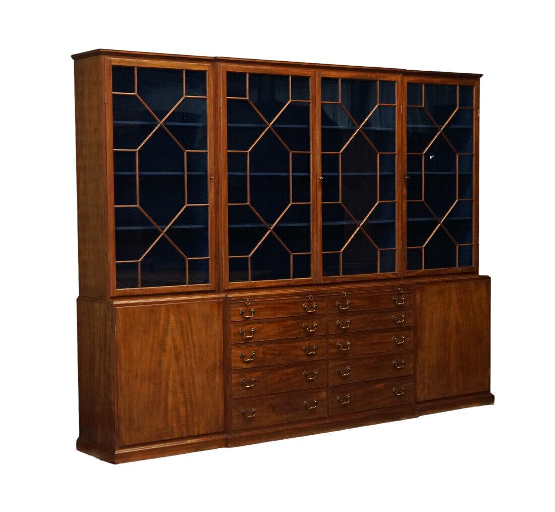 Hand-Crafted Stunning Huge Flamed Mahogany Astral Glazed Library Breakfront Bookcase