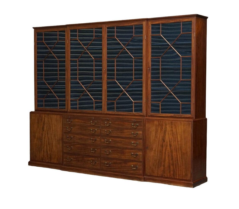 20th Century Stunning Huge Flamed Mahogany Astral Glazed Library Breakfront Bookcase For Sale