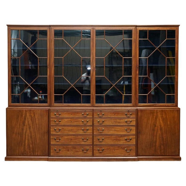 Stunning Huge Flamed Mahogany Astral Glazed Library Breakfront Bookcase For Sale