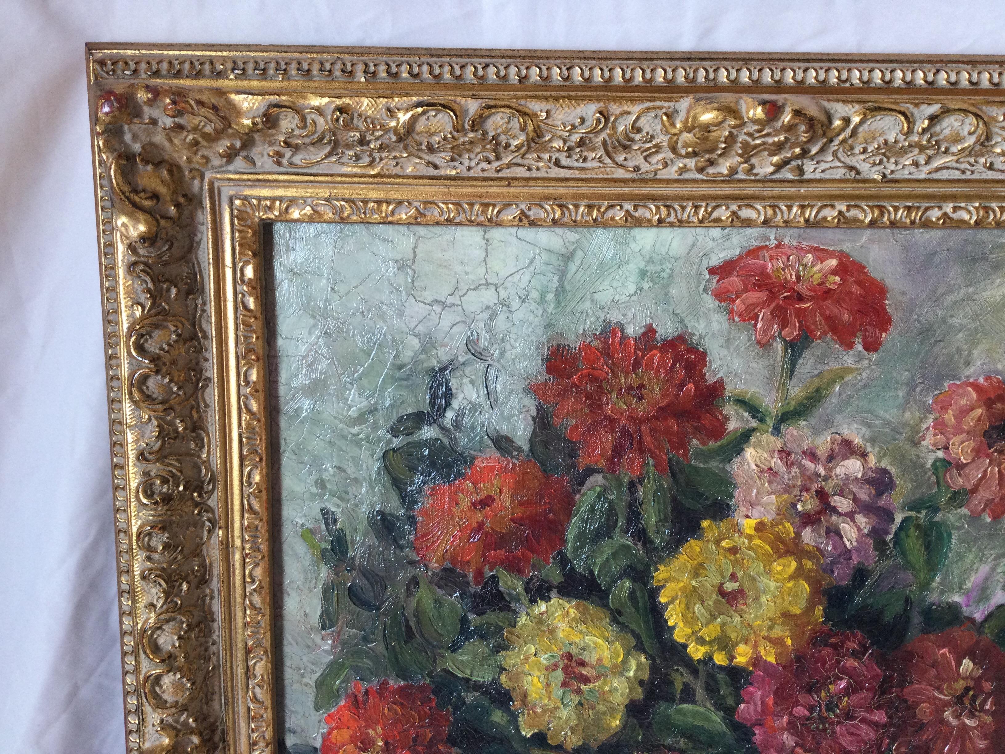 American Stunning Impressionist Painting of Zinnias in Giltwood Frame Oil on Canvas