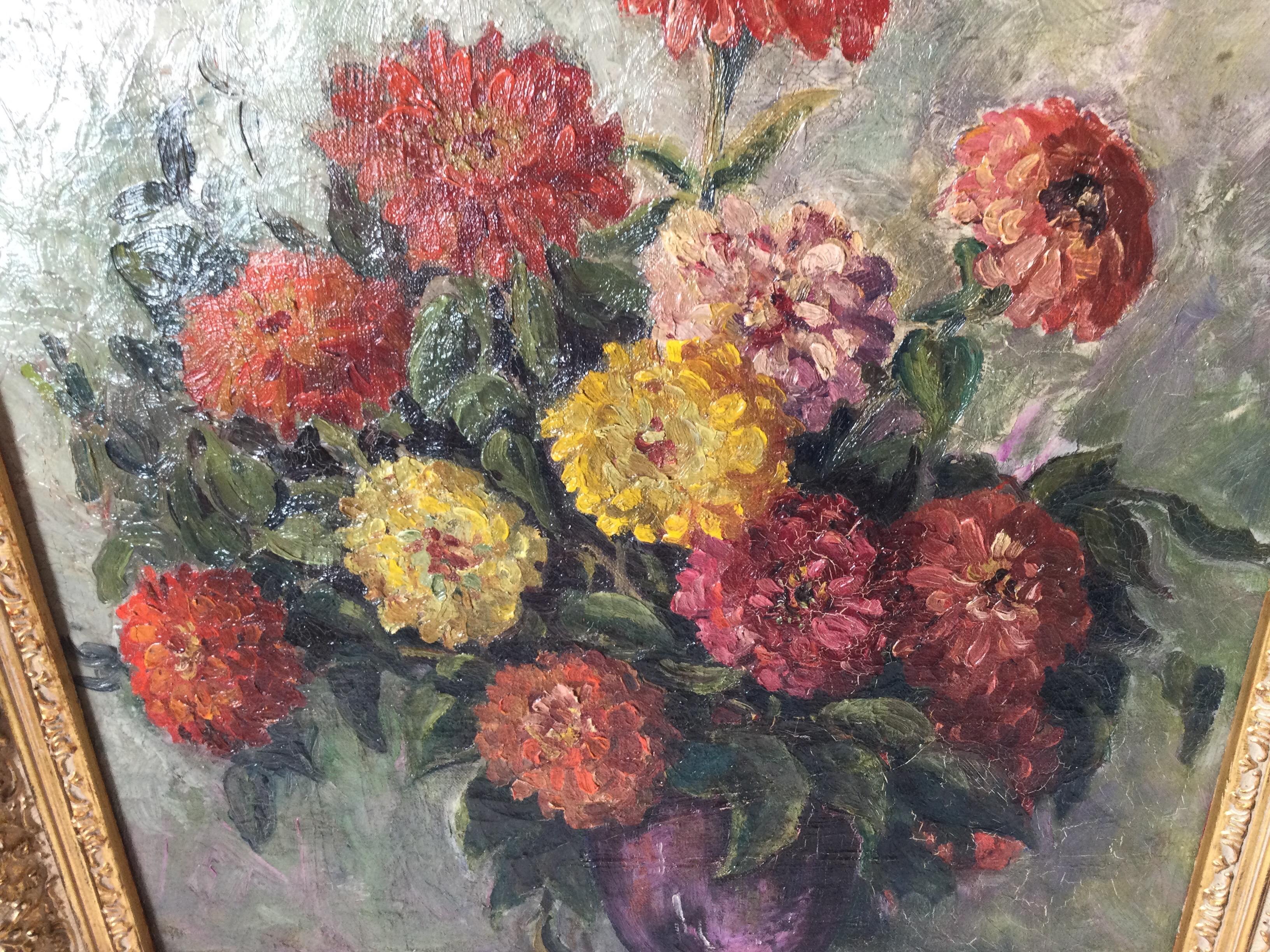 Hand-Painted Stunning Impressionist Painting of Zinnias in Giltwood Frame Oil on Canvas