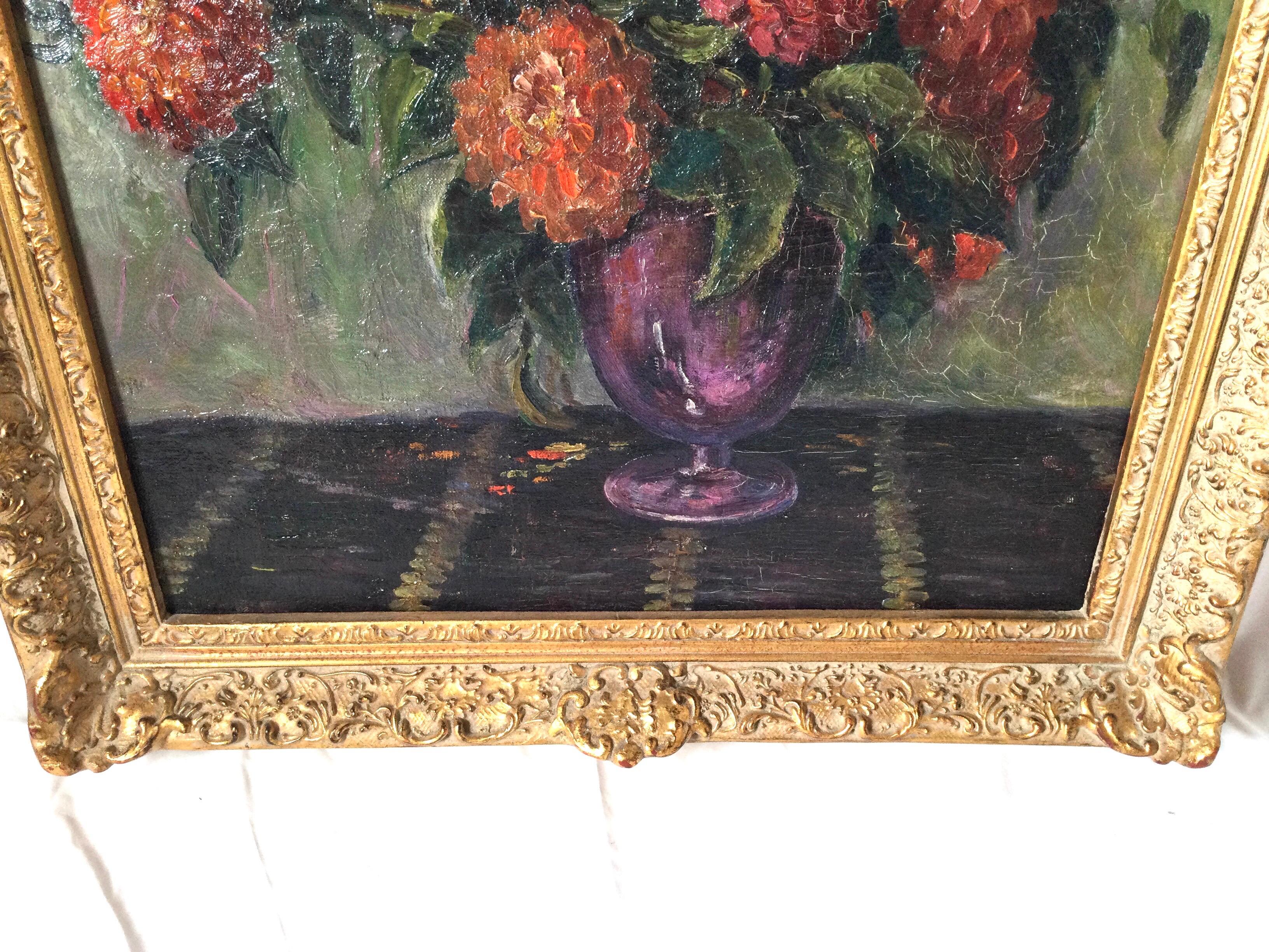 Stunning Impressionist Painting of Zinnias in Giltwood Frame Oil on Canvas In Excellent Condition In Lambertville, NJ