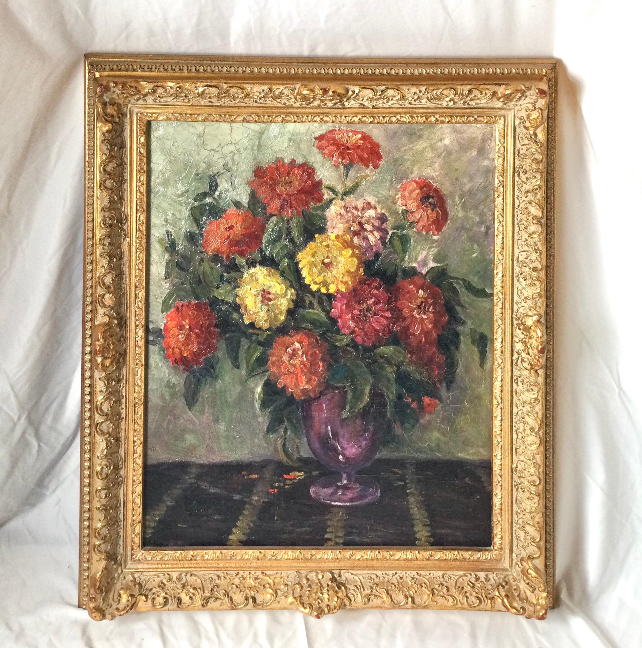 20th Century Stunning Impressionist Painting of Zinnias in Giltwood Frame Oil on Canvas