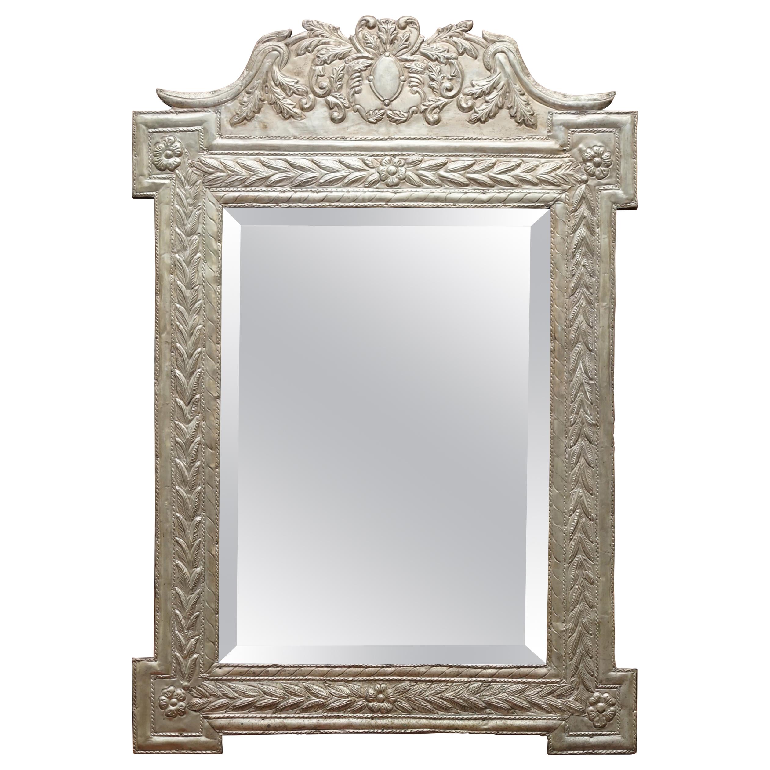 Stunning Indian Silver Repouse Wall Mirror with Ornately Cast and Detailed Frame