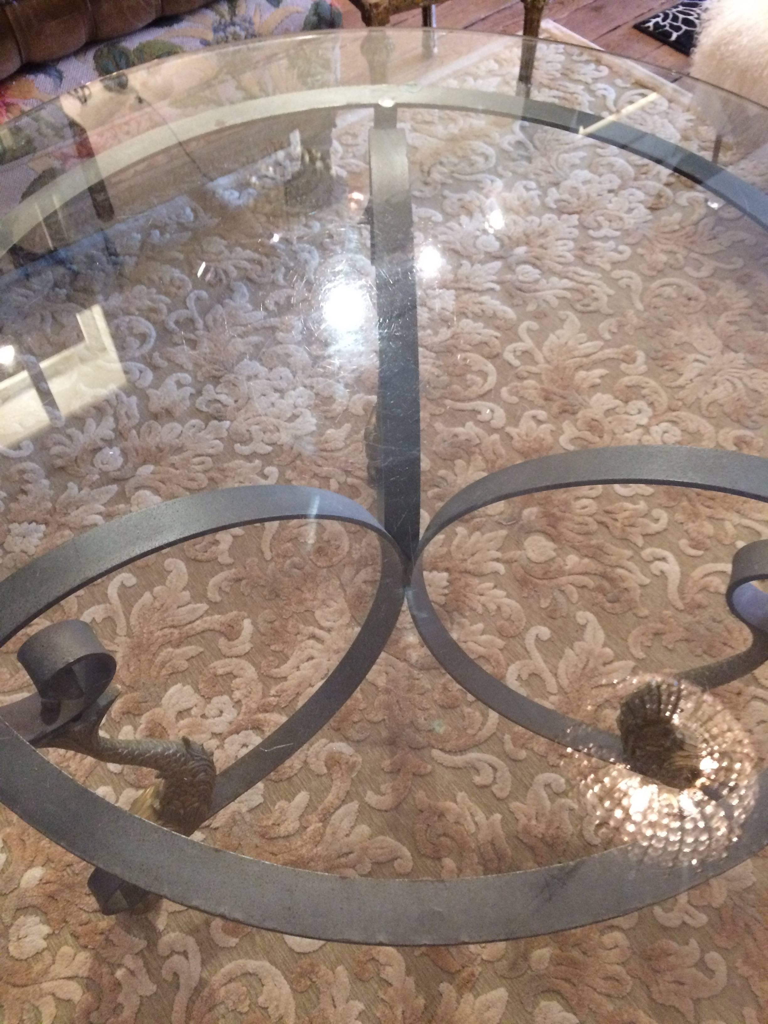 Stunning Iron and Gilded Fish Motife Round Glass Top Table In Good Condition In Hopewell, NJ