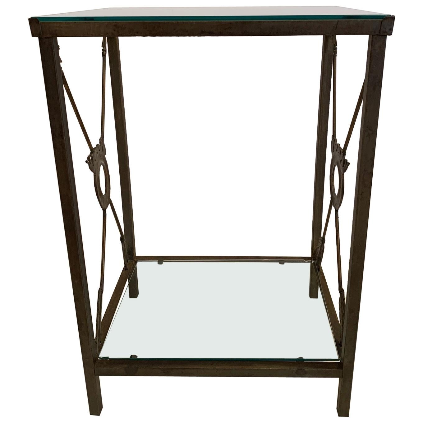 Stunning Iron and Glass Neoclassical Style End Table with Arrow Motife For Sale