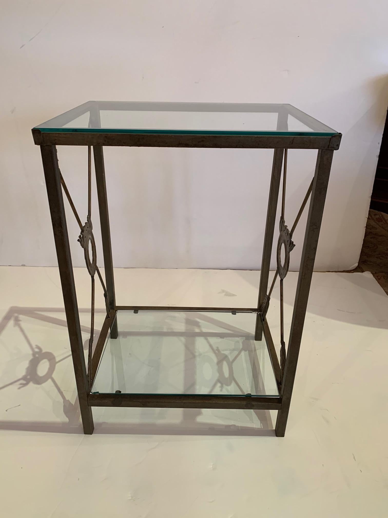 Stunning Iron and Glass Neoclassical Style End Table with Arrow Motife For Sale 4