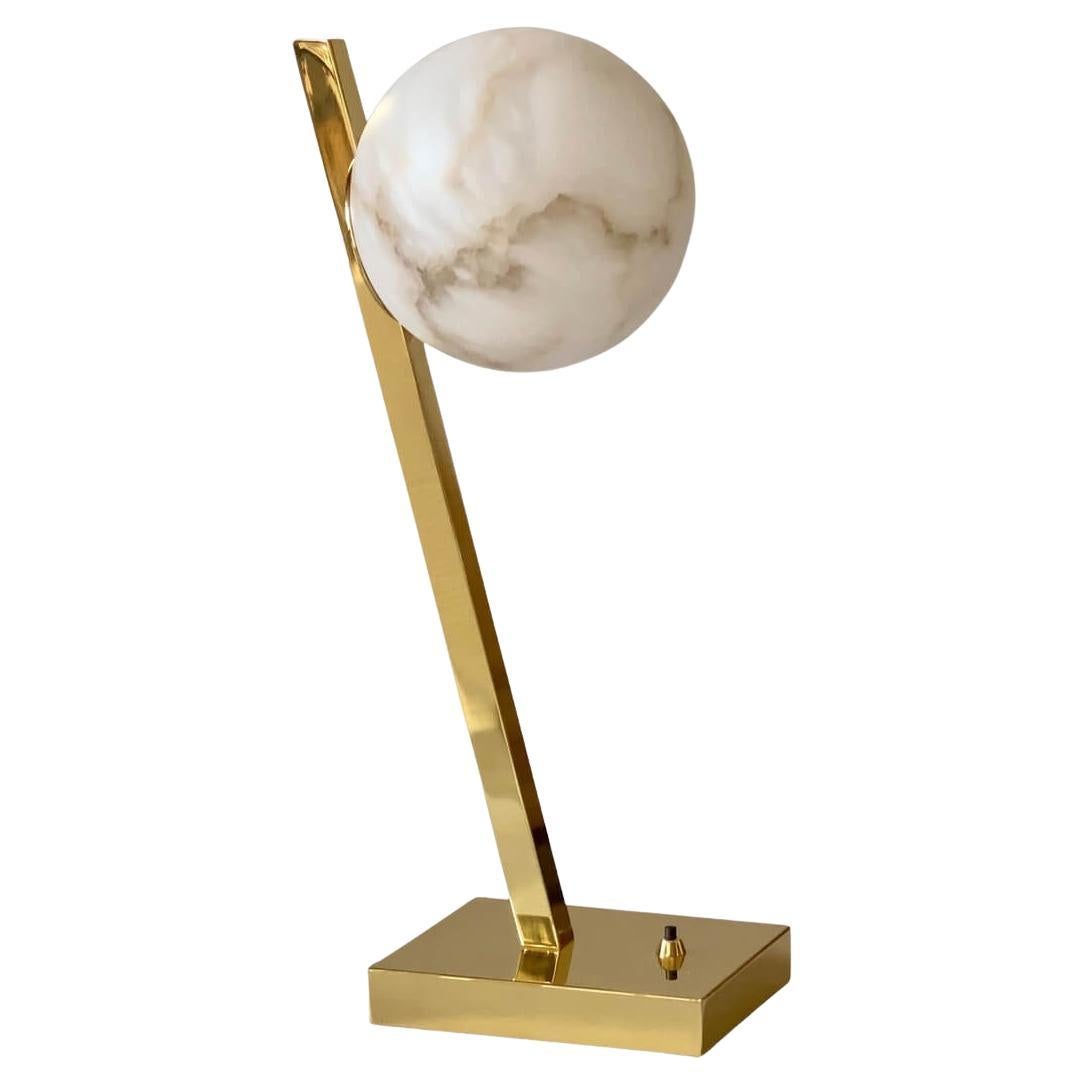 Stunning Italian Alabaster Sphere Offset Table Lamp, in polished brass For Sale