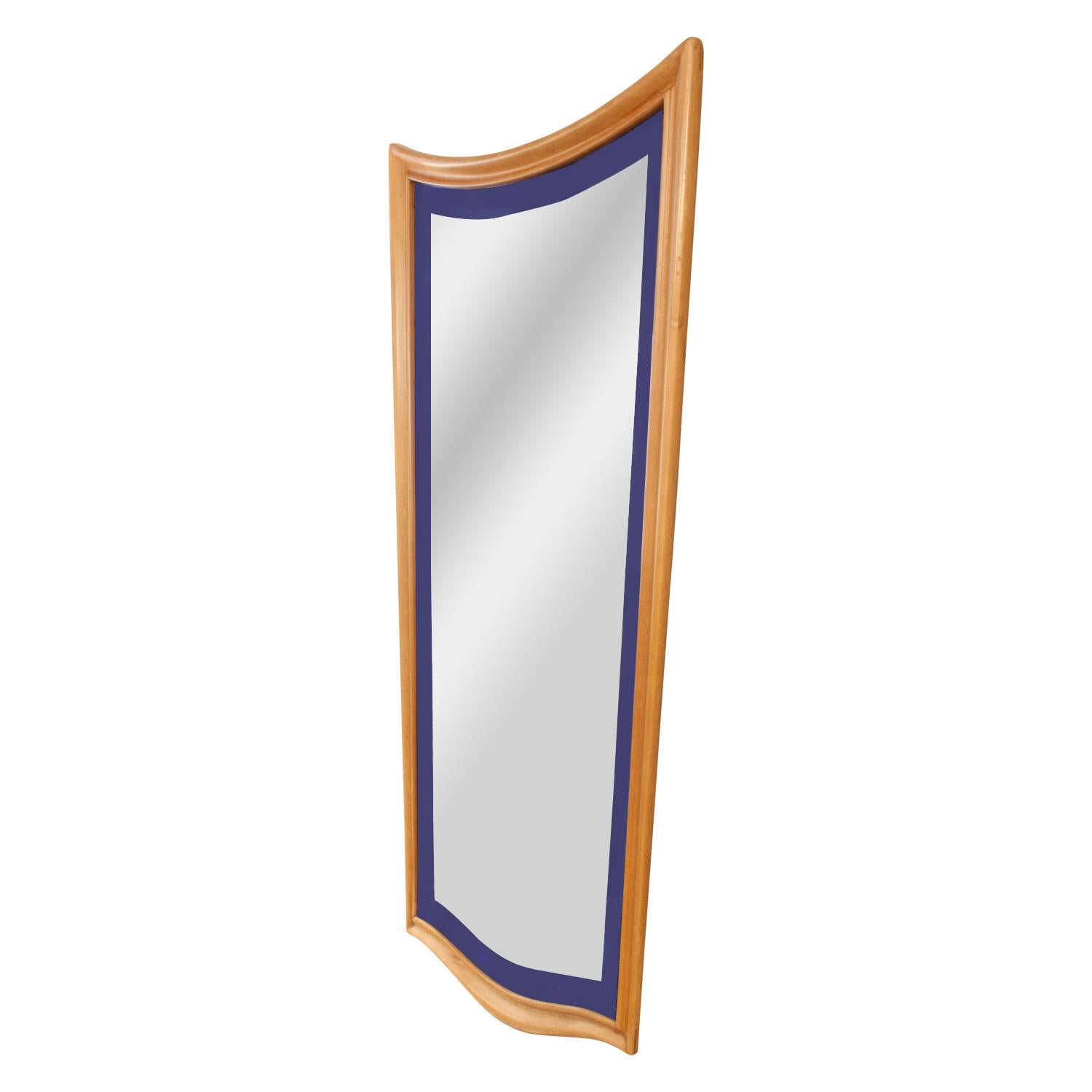 Stylish Art Deco wall-hanging mirror with frame in light maple wood frame with blue glass, Italy 1930's. This mirror is a stunning accent piece in any room.
