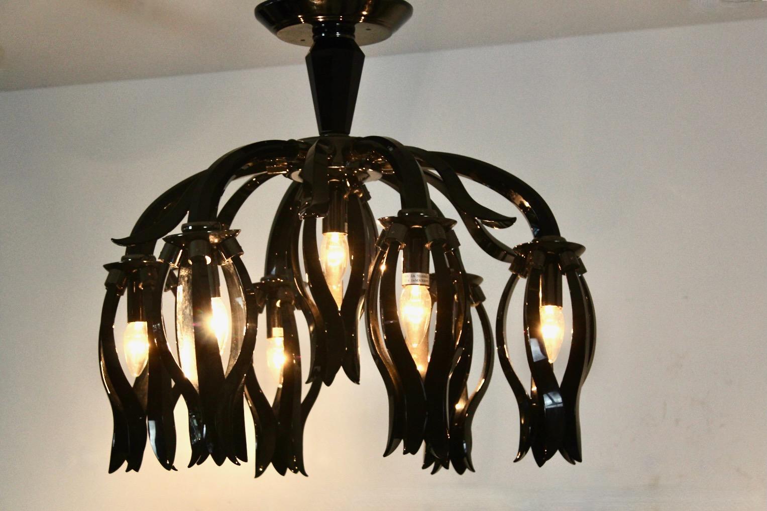 Verre Superbe lustre italien en verre noir par Barovier & Toso en vente