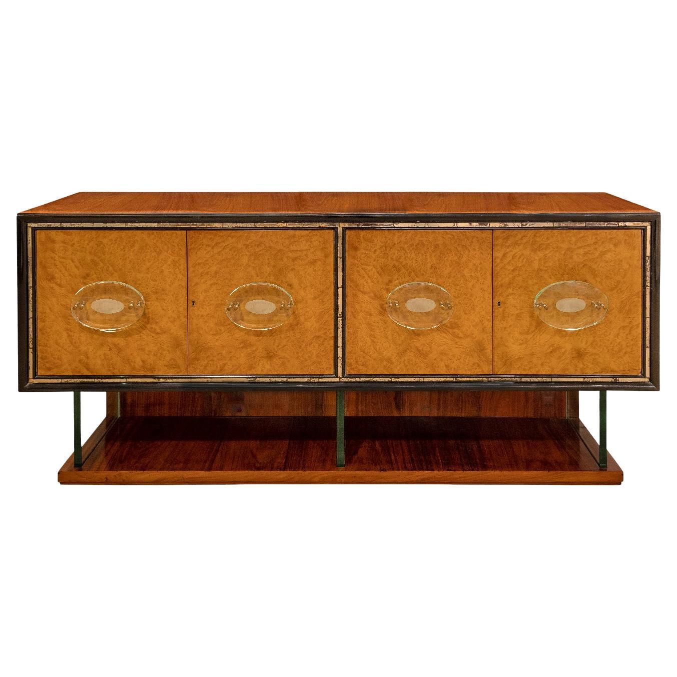 Stunning Italian Credenza with Fontana Arte Glass Elements 1950s For Sale