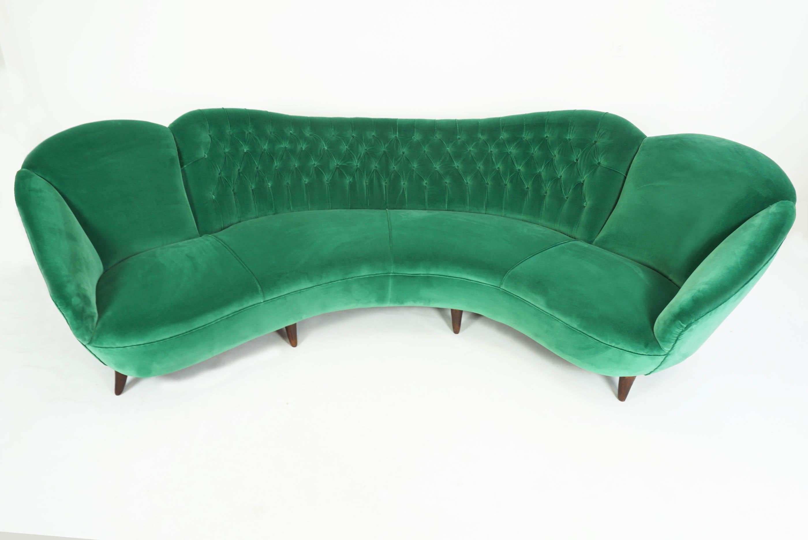 Mid-Century Modern Italian Design 1950 Cozy Curved Sofa New Covered with Dedar Green Velvet