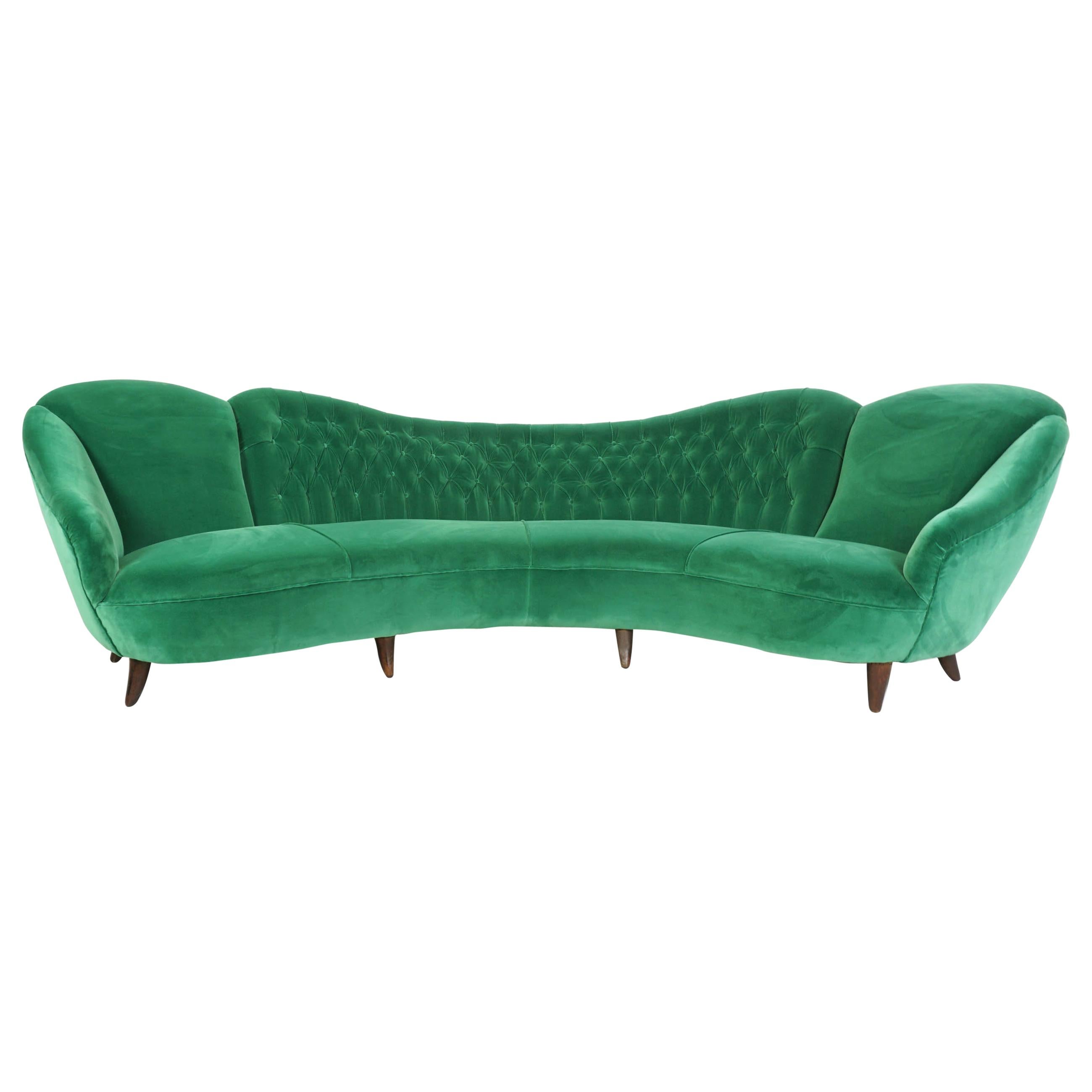 Italian Design 1950 Cozy Curved Sofa New Covered with Dedar Green Velvet