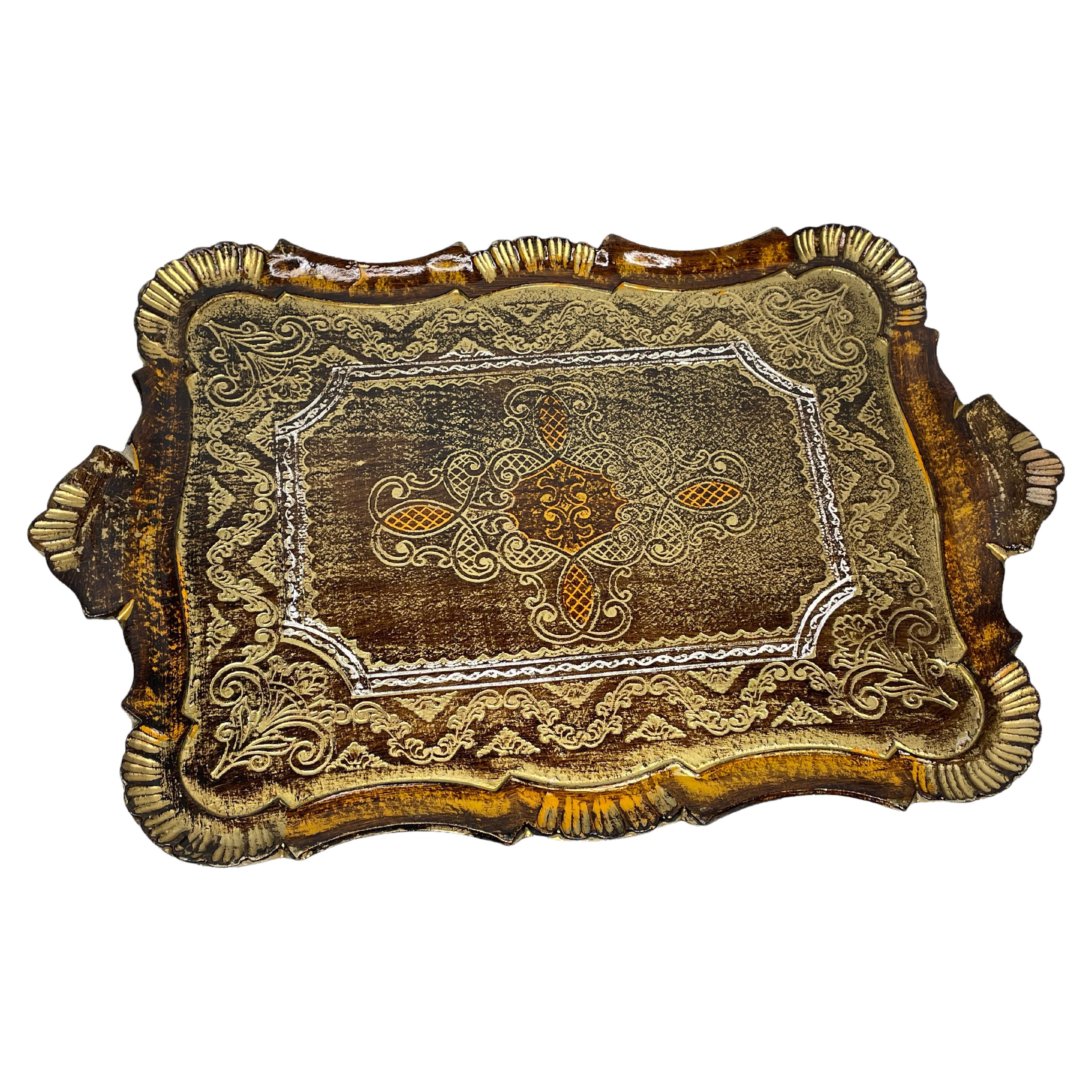 Stunning Italian Florentine Gilded Gilt Wood Serving Tray Toleware Tole, 1960s