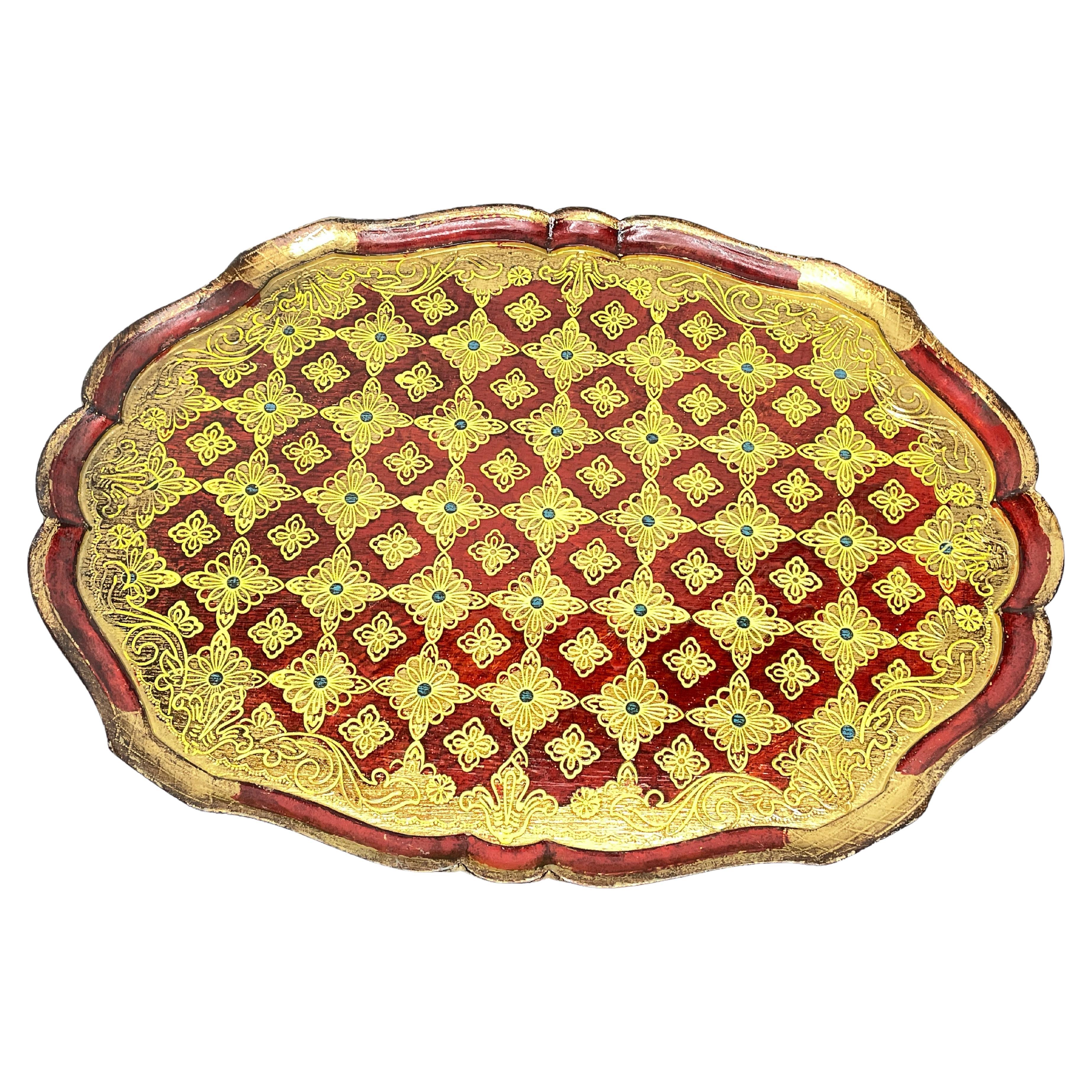 Impresionante Bandeja Florentina Italiana para Servir de Madera Dorada Toleware Tole, Años 60