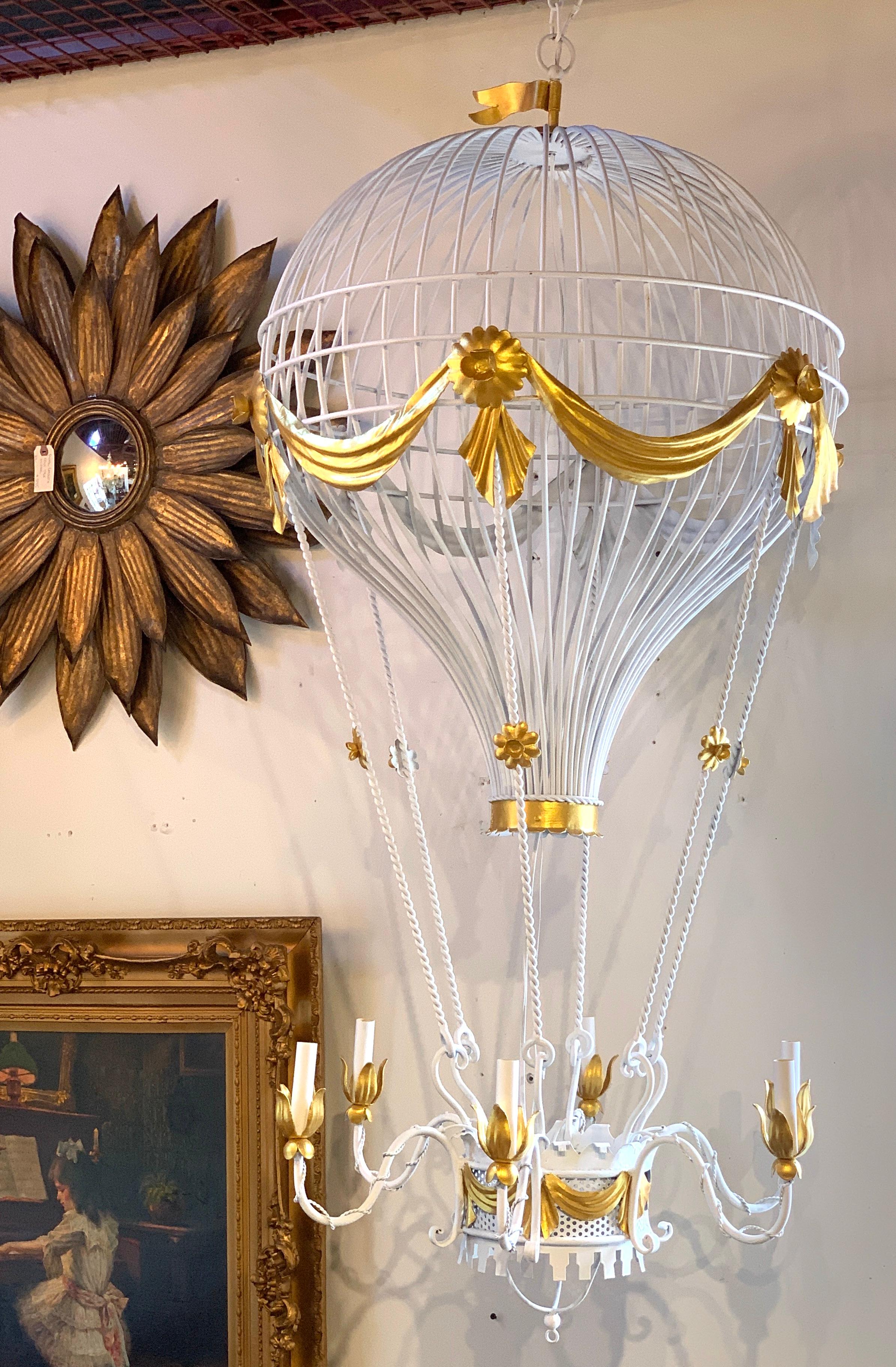 20th Century Stunning Italian Gilt & Polychromed Tole Hot Air Balloon Chandelier