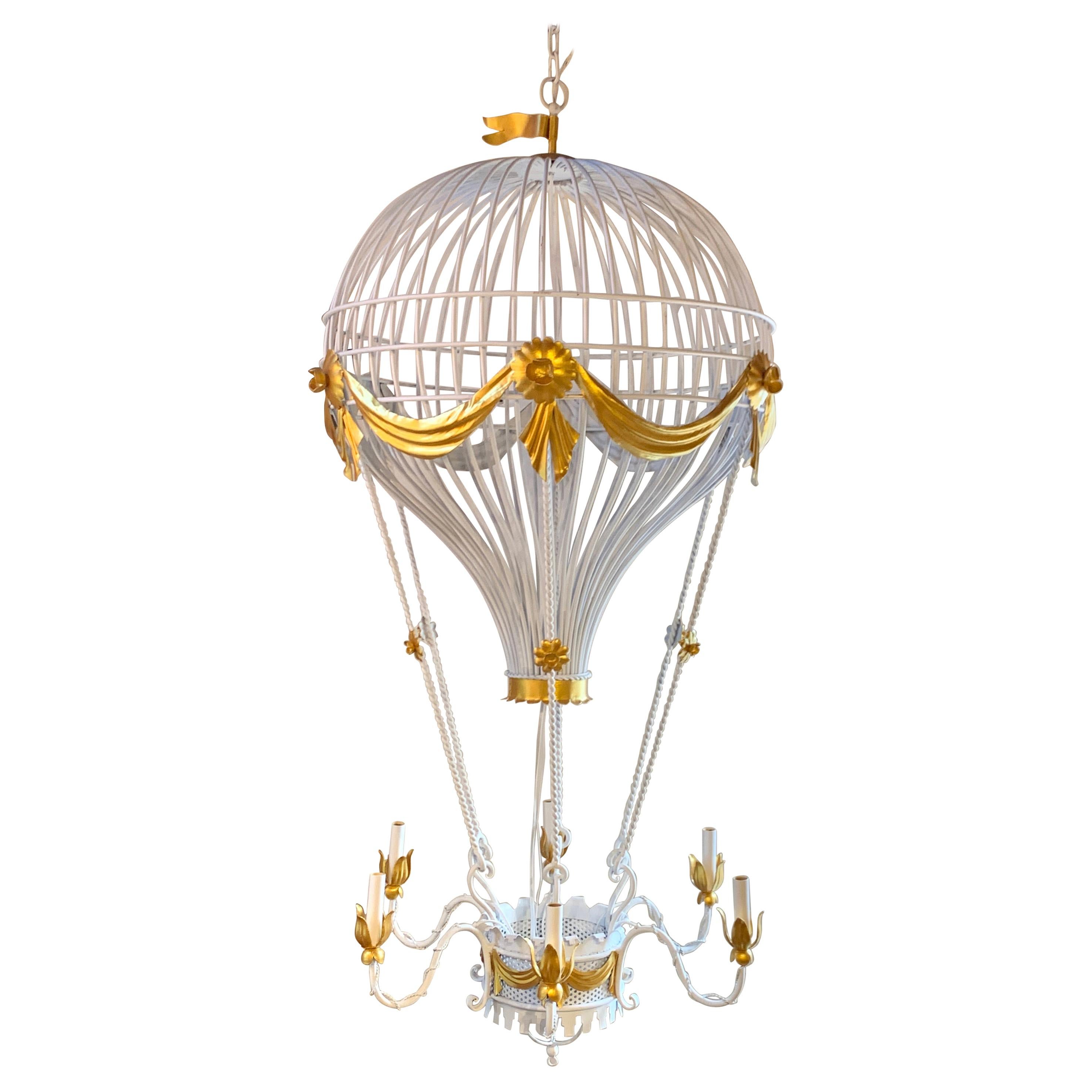 Stunning Italian Gilt & Polychromed Tole Hot Air Balloon Chandelier