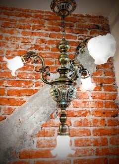 Stunning Italian Maiolica Ceramic and Brass Ceiling Lamp with four glass shades