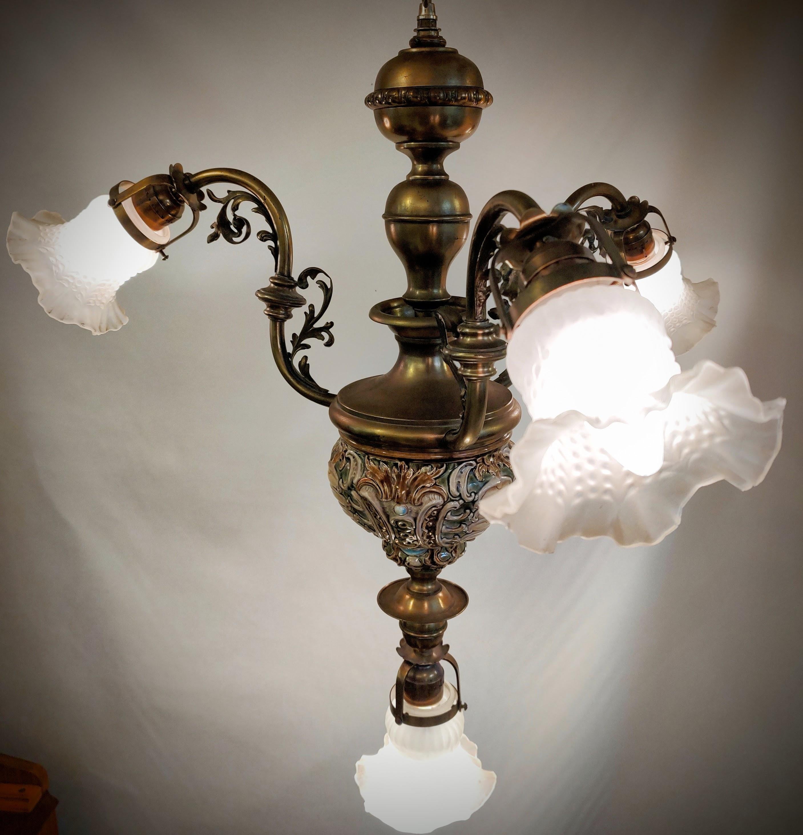 Glazed Stunning Italian Maiolica Ceramic and Brass Ceiling Lamp with four glass shades For Sale