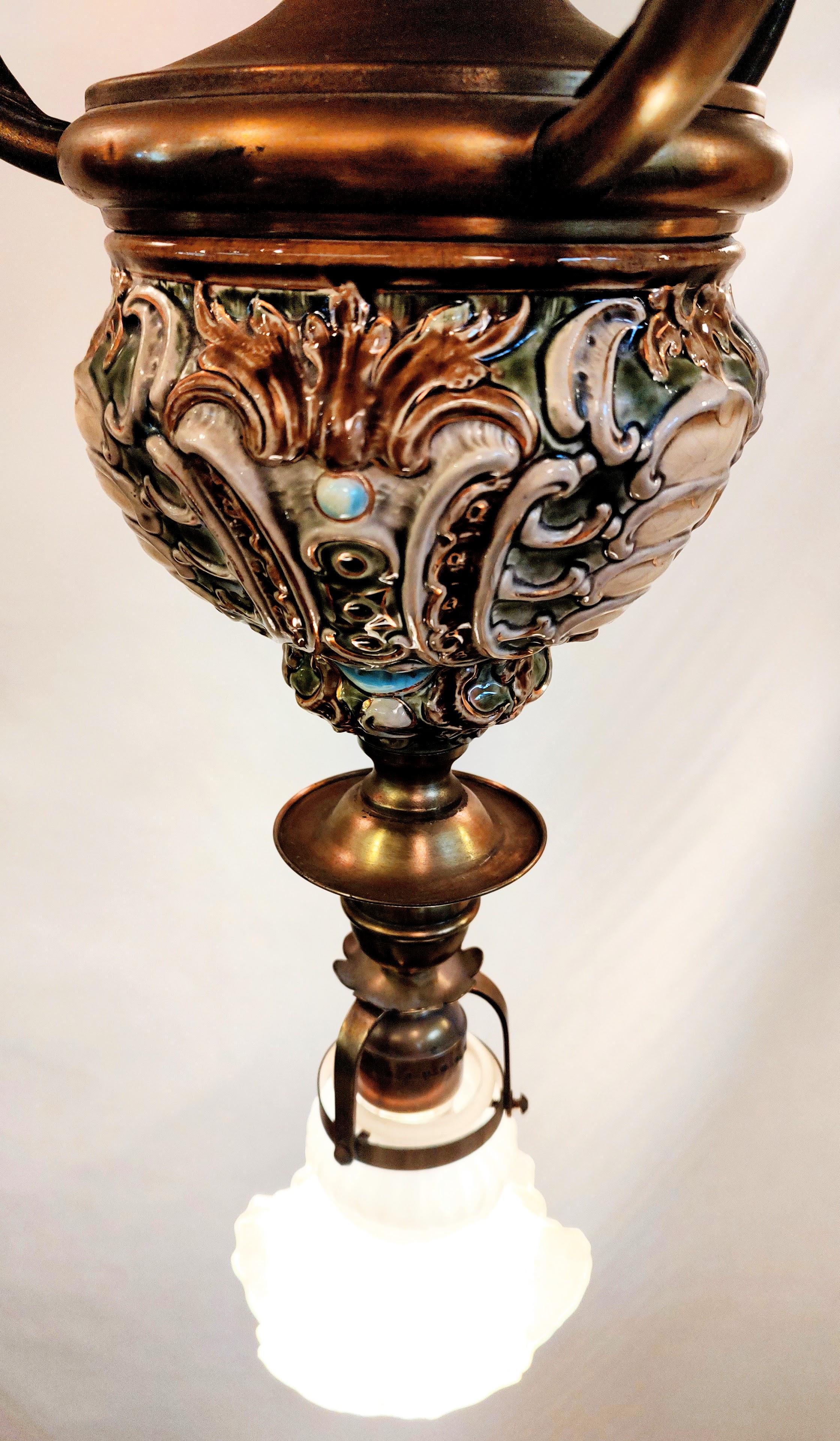 Stunning Italian Maiolica Ceramic and Brass Ceiling Lamp with four glass shades For Sale 1